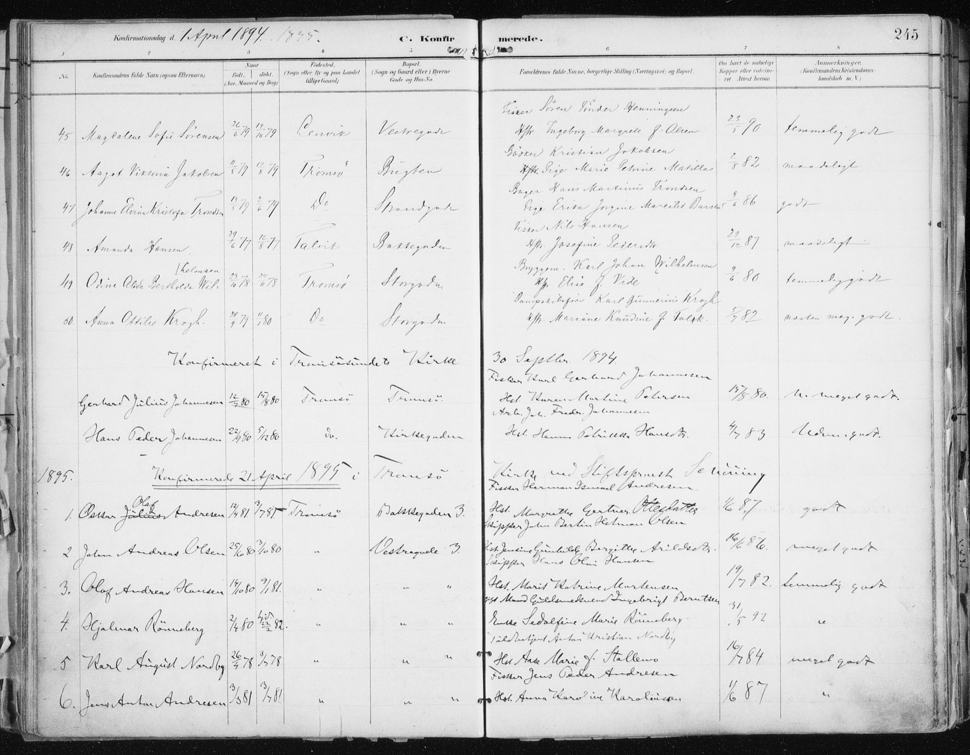 Tromsø sokneprestkontor/stiftsprosti/domprosti, AV/SATØ-S-1343/G/Ga/L0015kirke: Parish register (official) no. 15, 1889-1899, p. 245