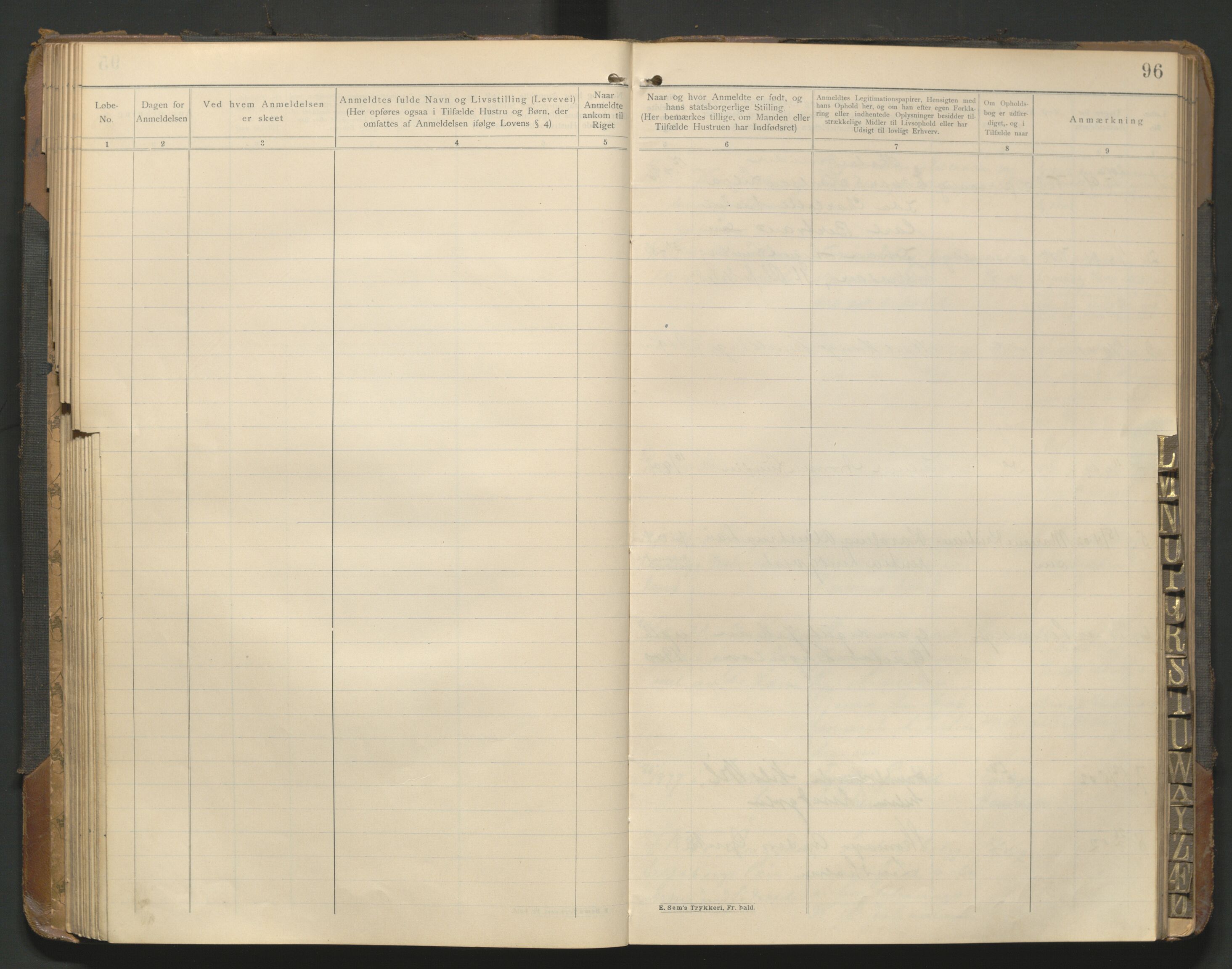 Fredrikstad politikammer, AV/SAO-A-10055/H/Hb/Hba/L0001: Protokoll over fremmede statsborgere, 1901-1916, p. 95b-96a