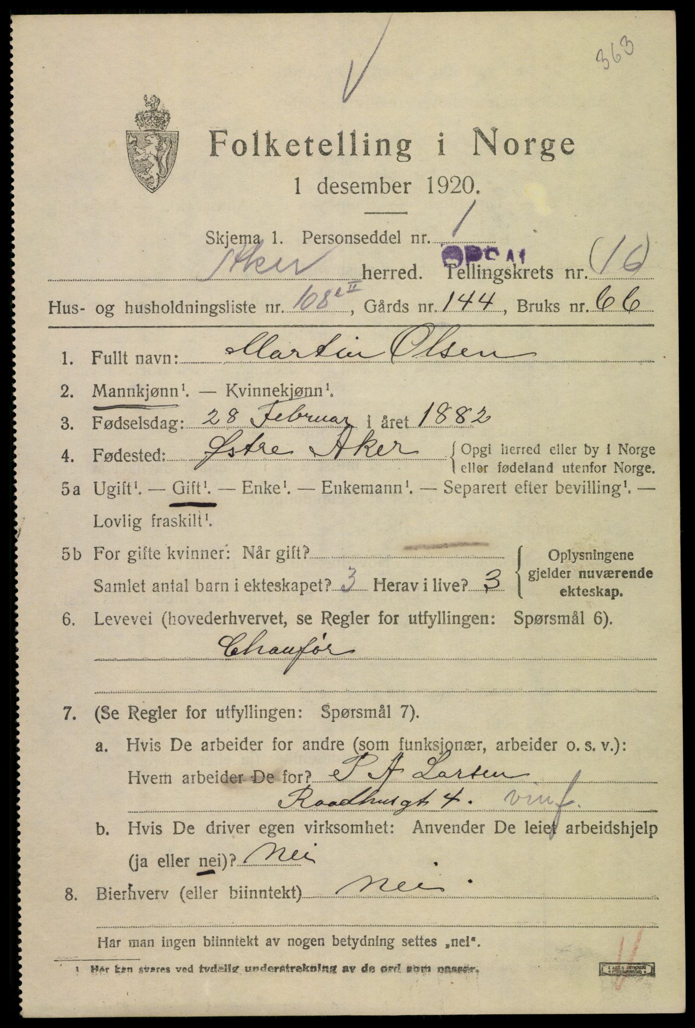 SAO, 1920 census for Aker, 1920, p. 93102