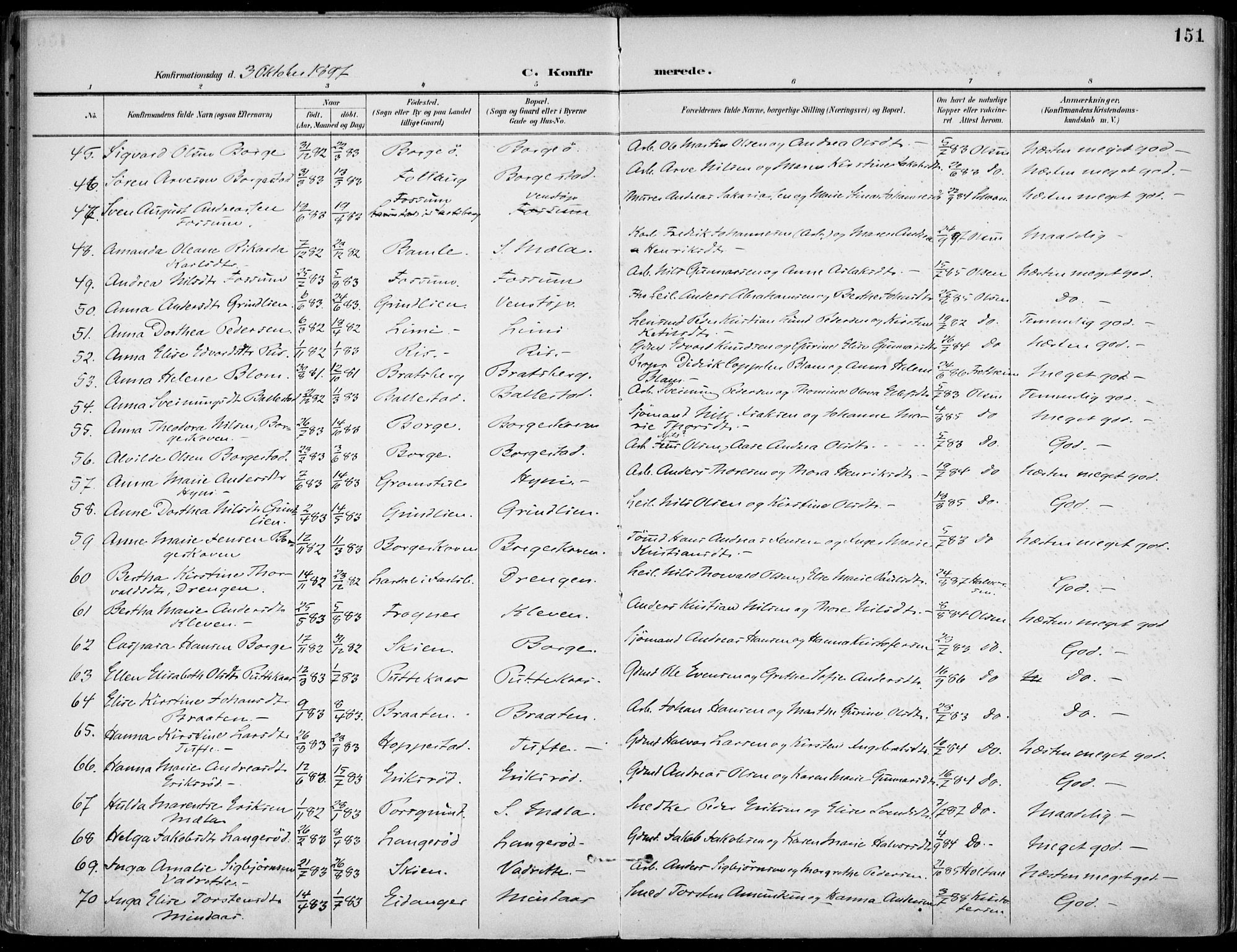 Gjerpen kirkebøker, AV/SAKO-A-265/F/Fa/L0011: Parish register (official) no. I 11, 1896-1904, p. 151