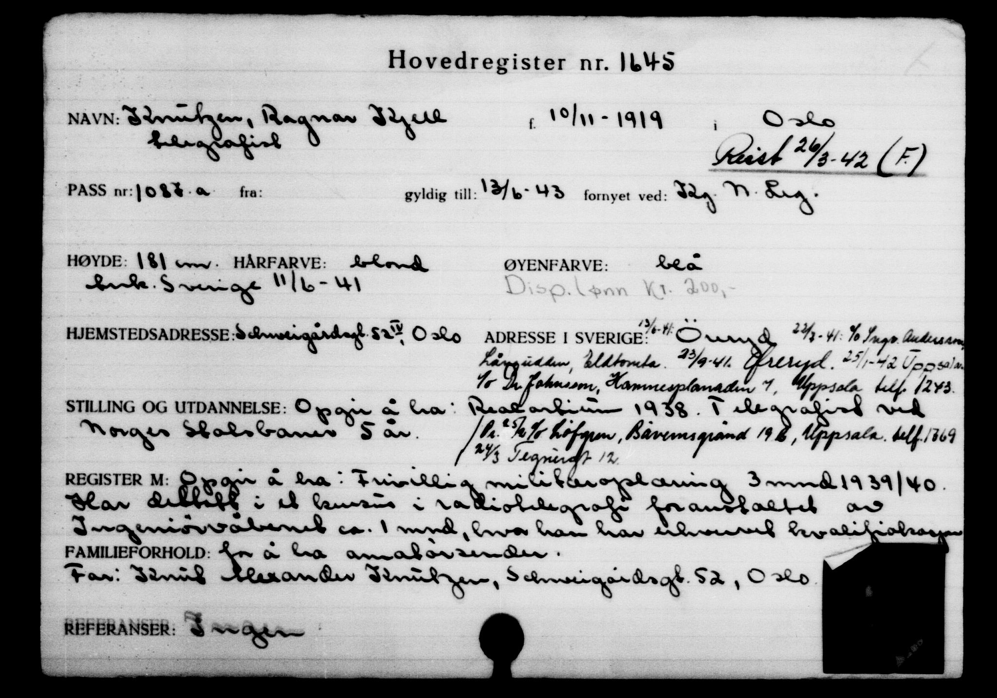 Den Kgl. Norske Legasjons Flyktningskontor, RA/S-6753/V/Va/L0002: Kjesäterkartoteket.  Flyktningenr. 1001-2000, 1940-1945, p. 917