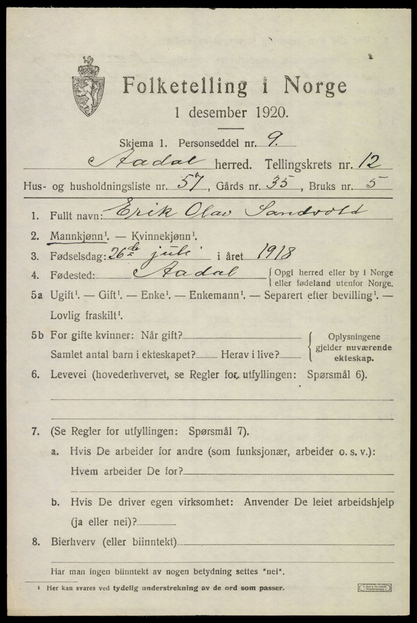 SAKO, 1920 census for Ådal, 1920, p. 7624