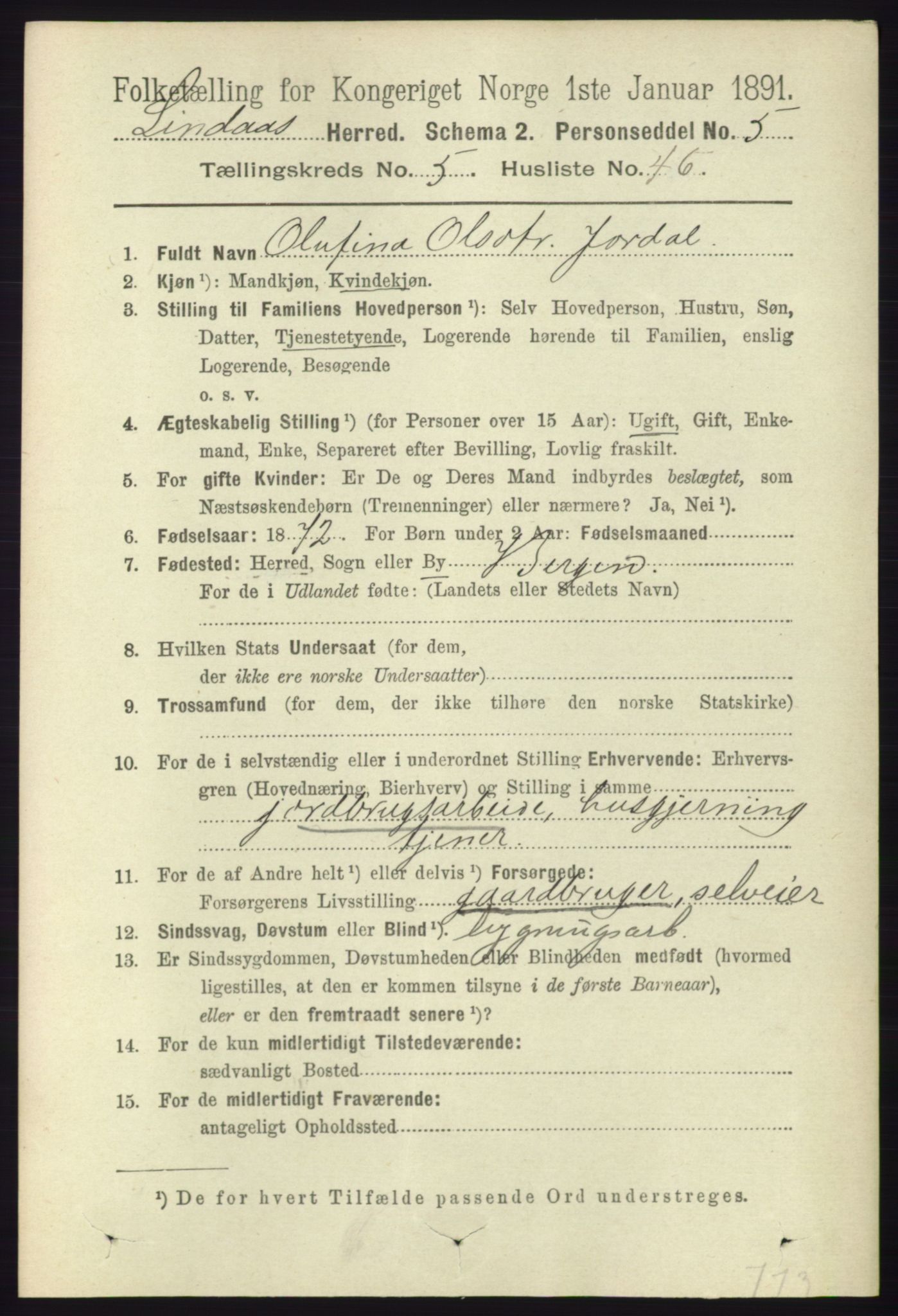 RA, 1891 census for 1263 Lindås, 1891, p. 1807