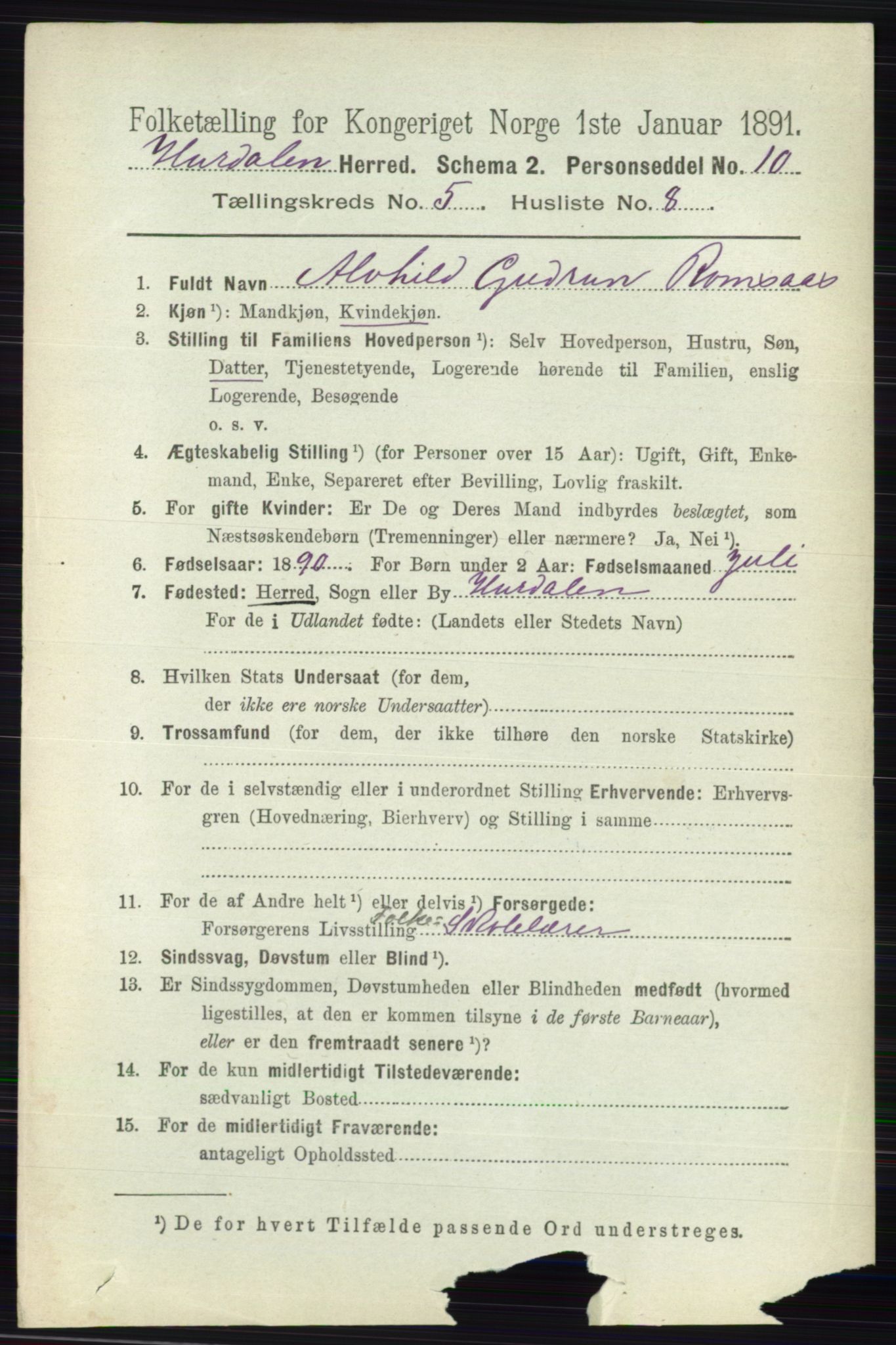 RA, 1891 census for 0239 Hurdal, 1891, p. 2127