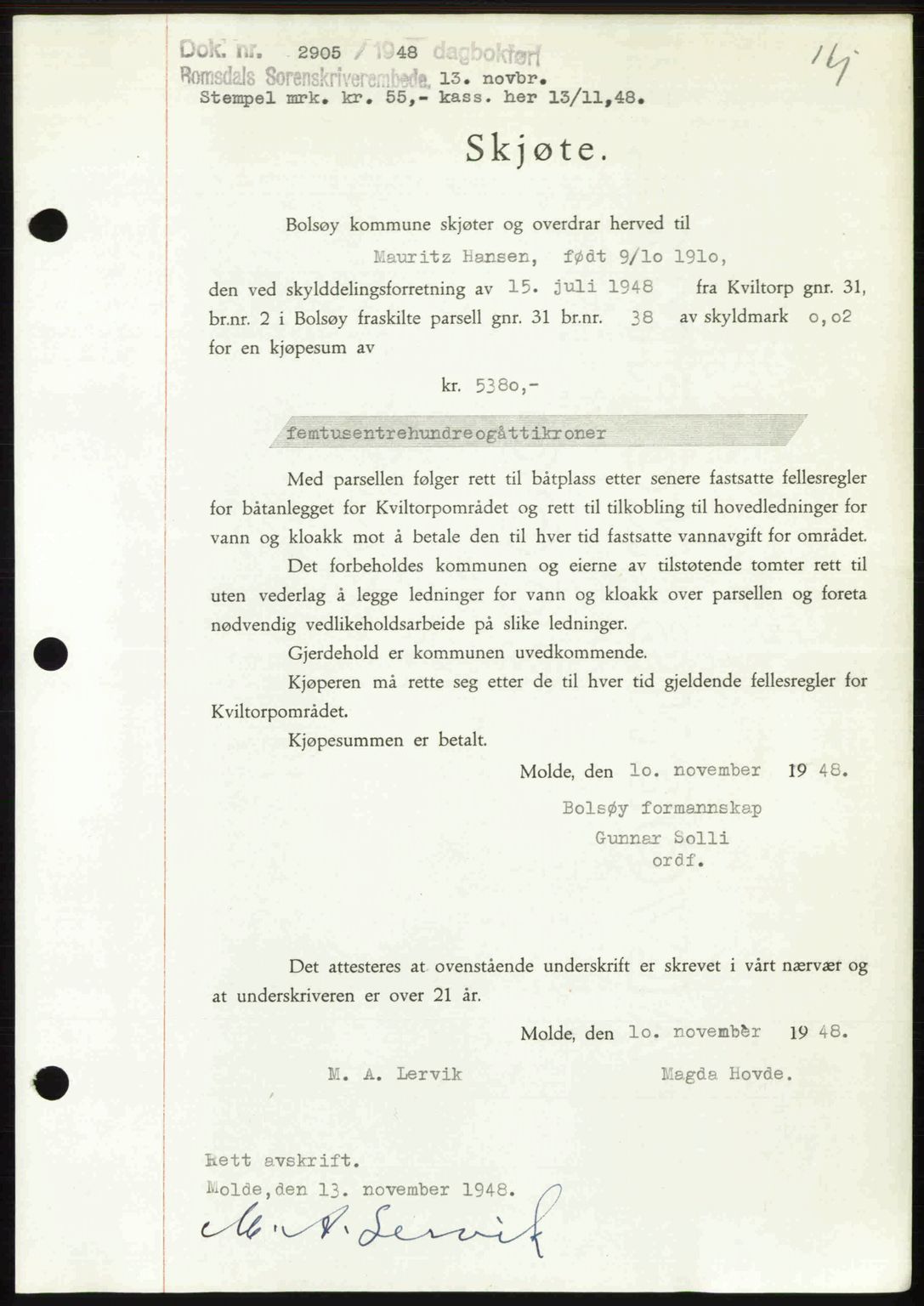 Romsdal sorenskriveri, AV/SAT-A-4149/1/2/2C: Mortgage book no. A27, 1948-1948, Diary no: : 2905/1948