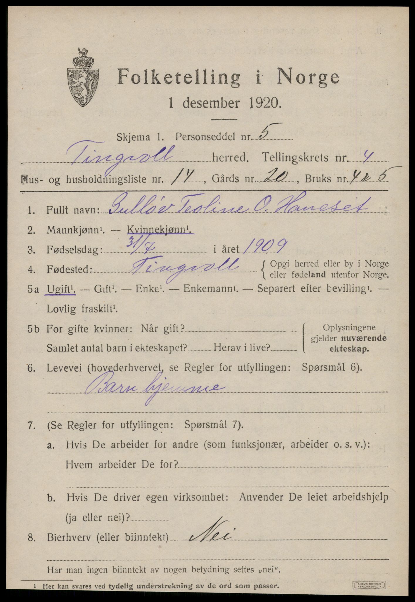 SAT, 1920 census for Tingvoll, 1920, p. 2006