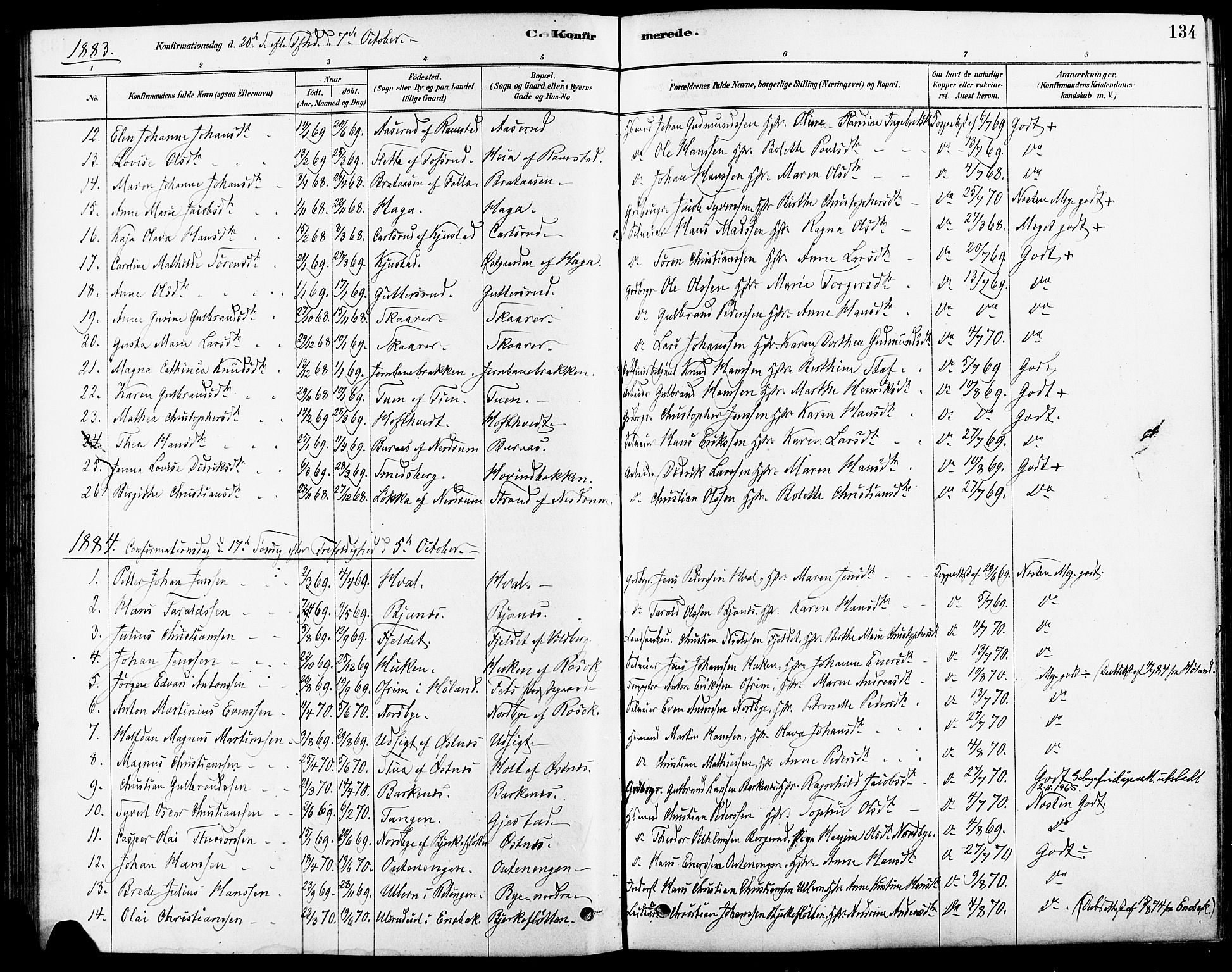 Fet prestekontor Kirkebøker, SAO/A-10370a/F/Fa/L0014: Parish register (official) no. I 14, 1878-1891, p. 134