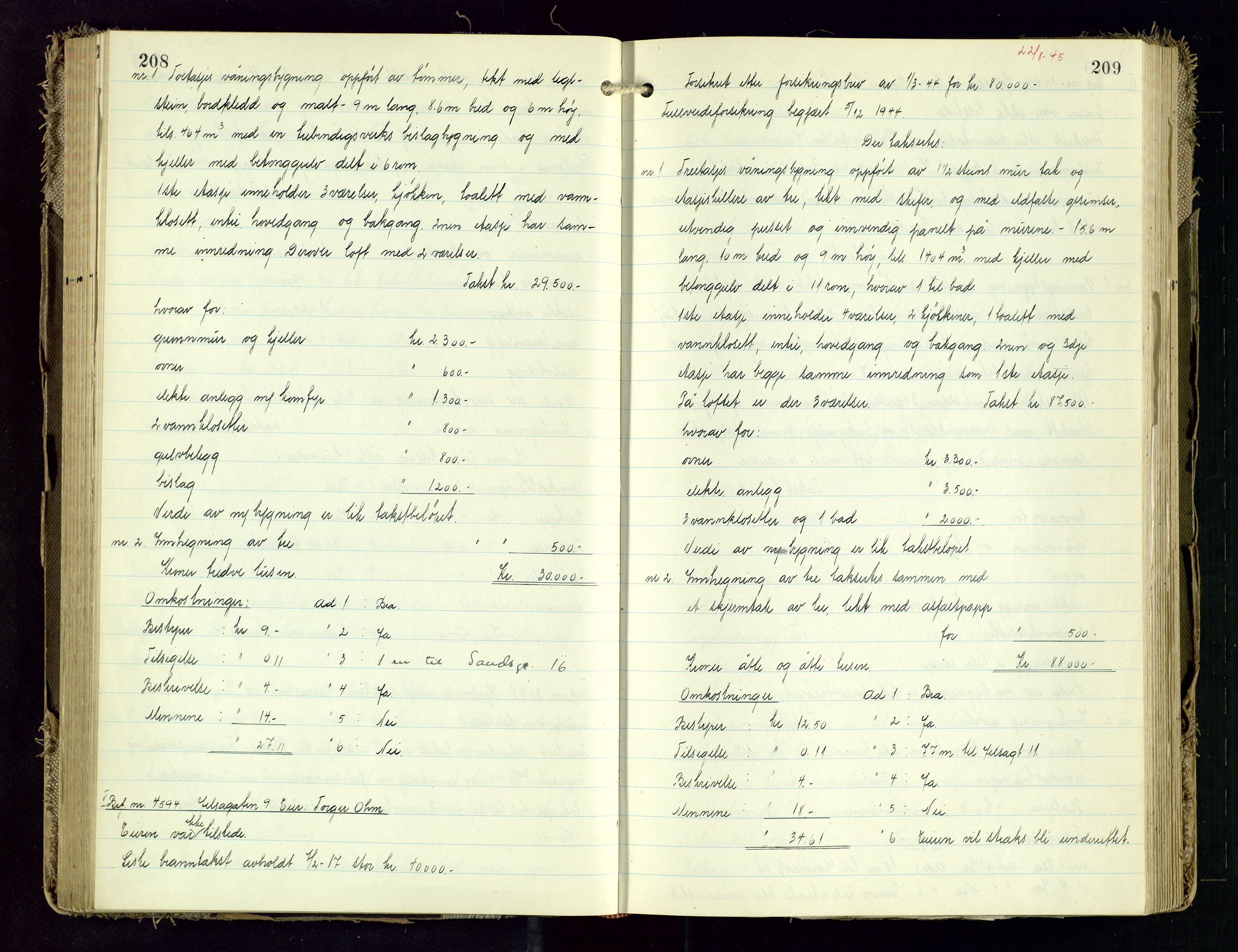 Norges Brannkasse Stavanger, AV/SAST-A-102143/F/Fd/L0031: Branntaksprotokoll nr. 42, 1945-1946, p. 208-209