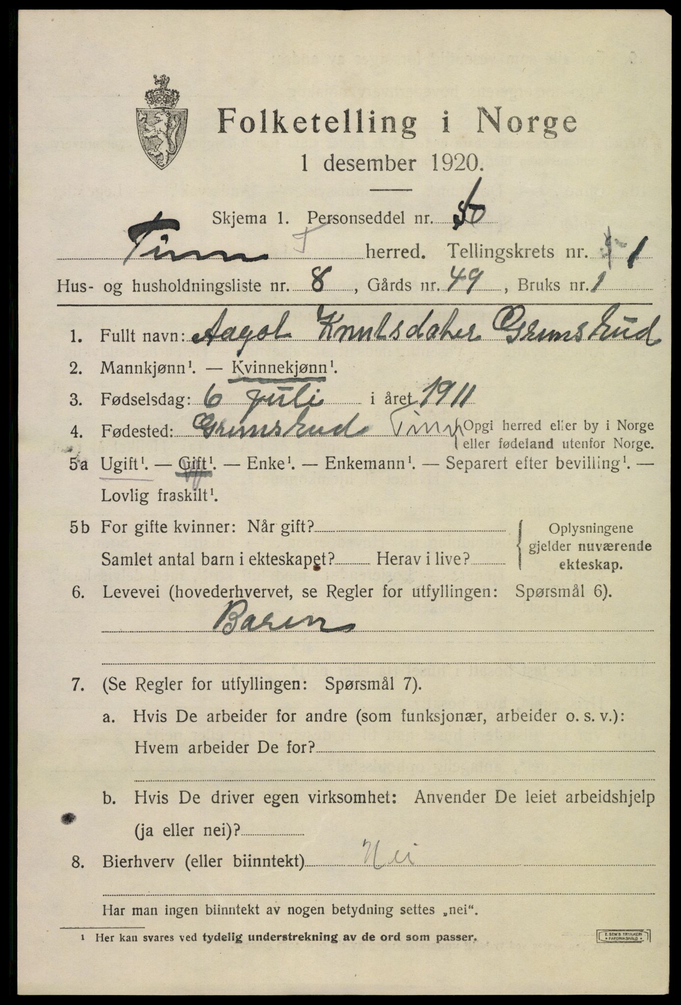 SAKO, 1920 census for Tinn, 1920, p. 2784
