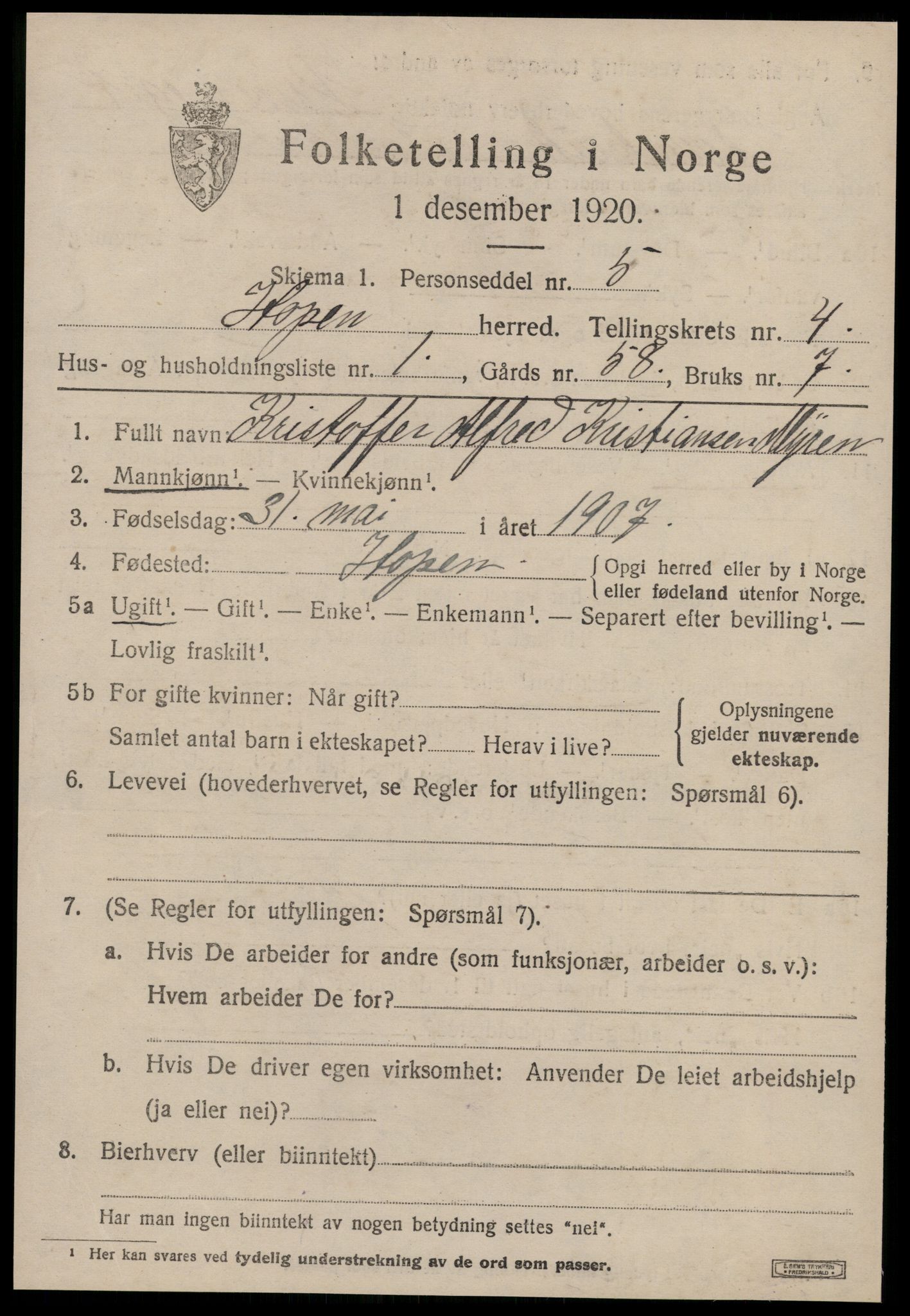 SAT, 1920 census for Hopen, 1920, p. 2004