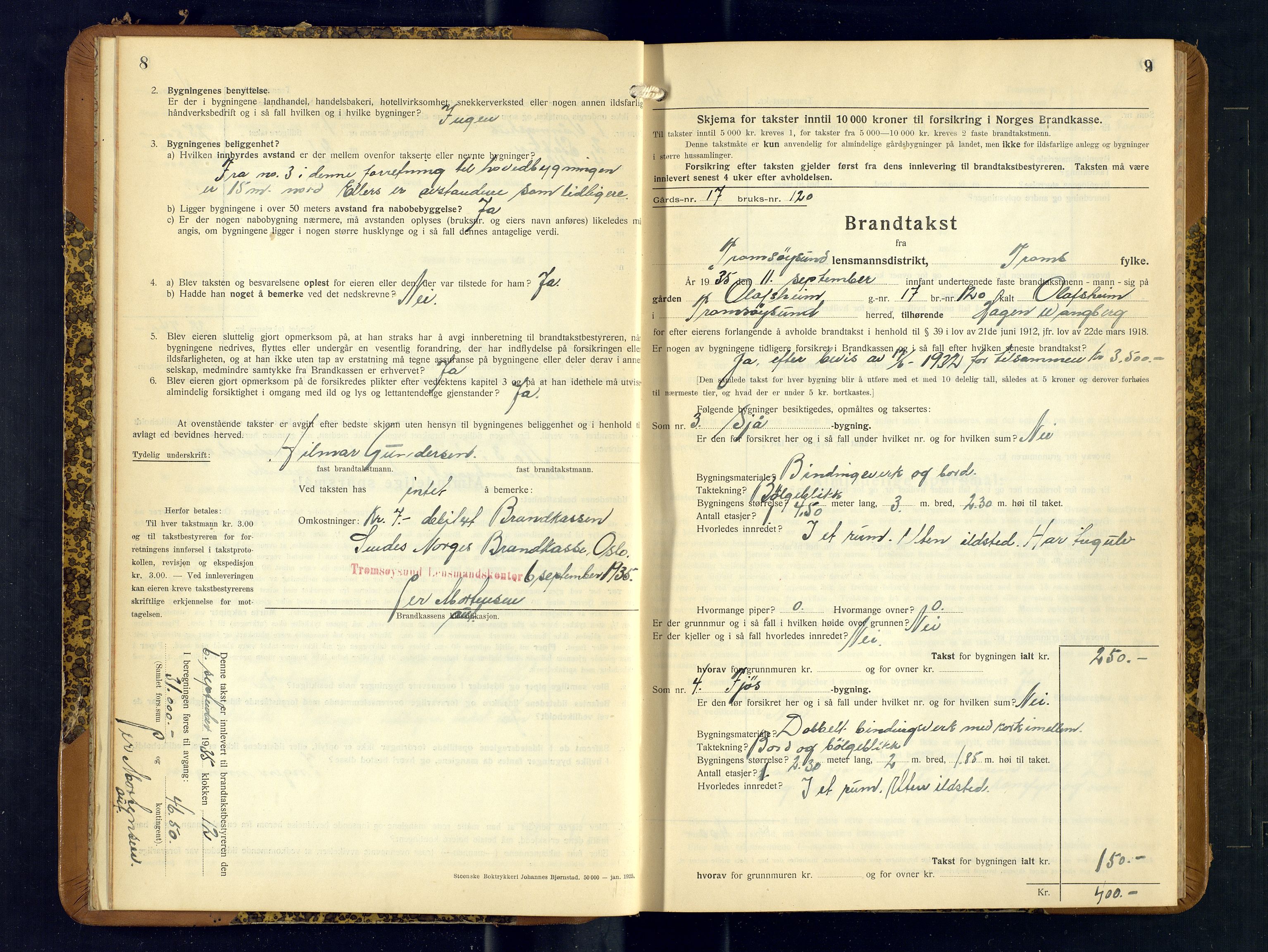 Tromsøysund lensmannskontor, AV/SATØ-SATØ-12/F/Fs/Fsb/L0754: Branntakstprotokoll (S). Med register, 1935-1937, p. 8-9