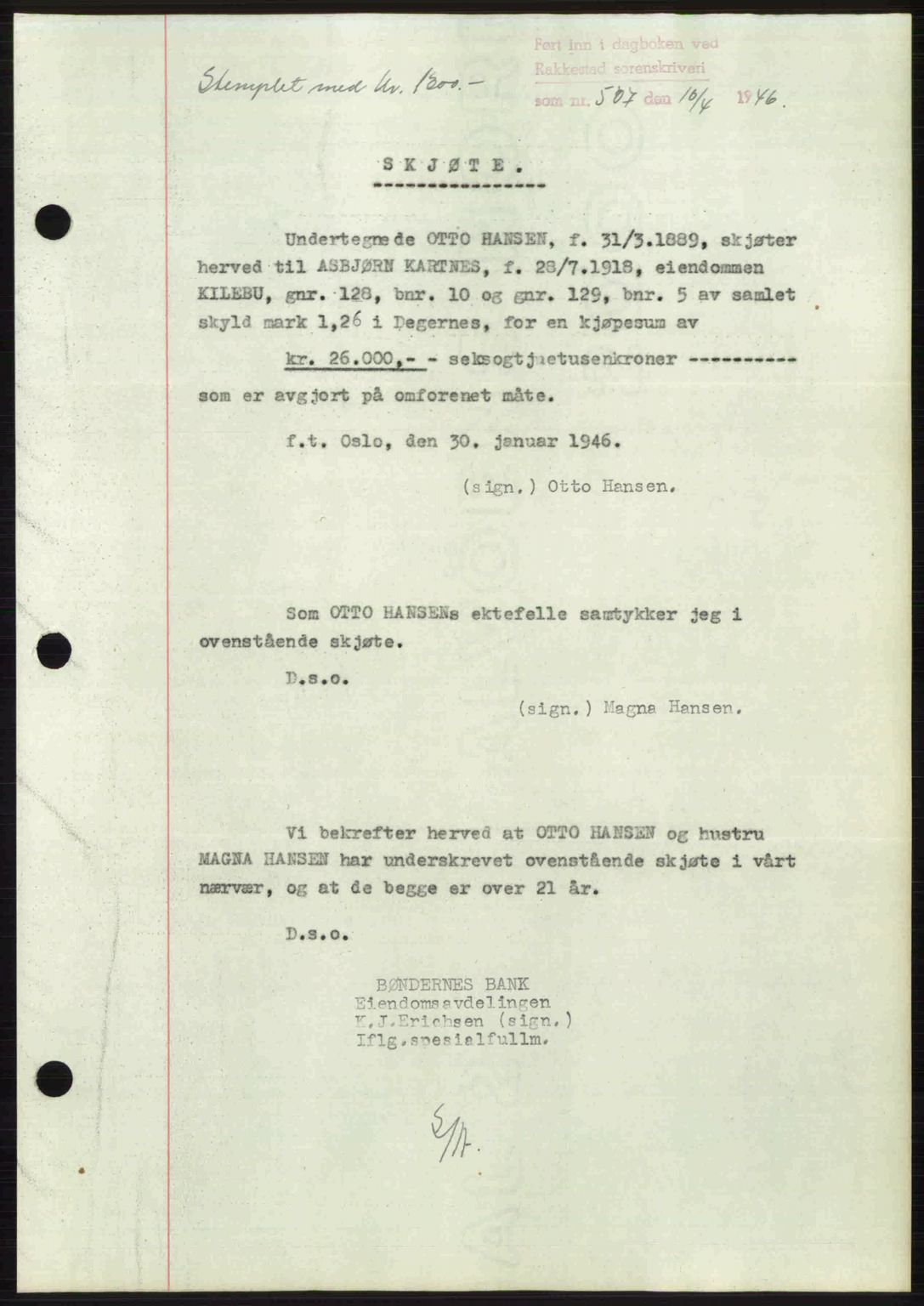 Rakkestad sorenskriveri, AV/SAO-A-10686/G/Gb/Gba/Gbab/L0012a: Mortgage book no. A12 I, 1945-1946, Diary no: : 507/1946