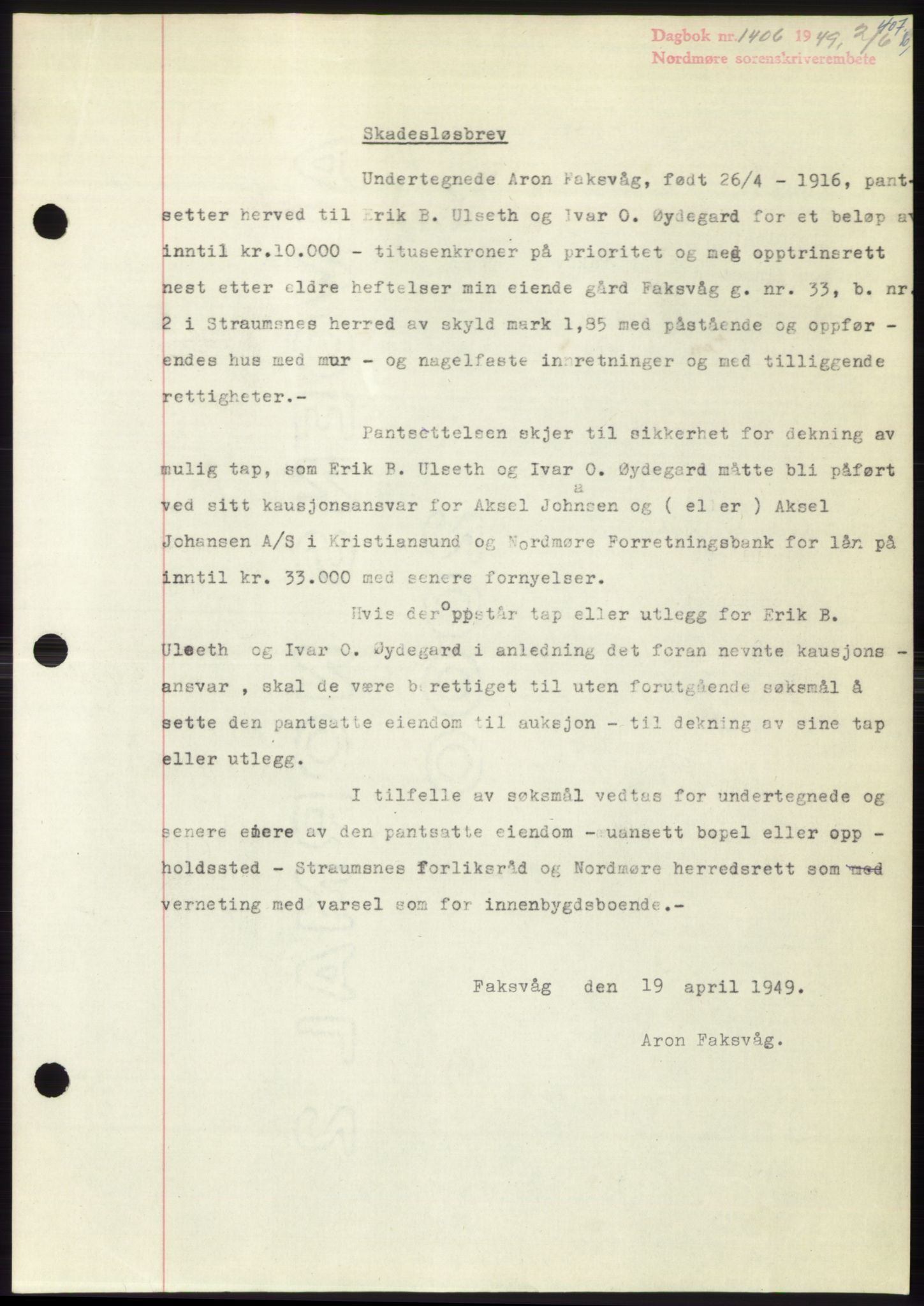 Nordmøre sorenskriveri, AV/SAT-A-4132/1/2/2Ca: Mortgage book no. B101, 1949-1949, Diary no: : 1406/1949