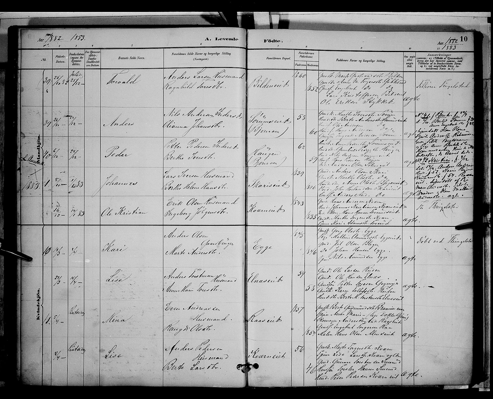 Gran prestekontor, SAH/PREST-112/H/Ha/Hab/L0003: Parish register (copy) no. 3, 1882-1890, p. 10