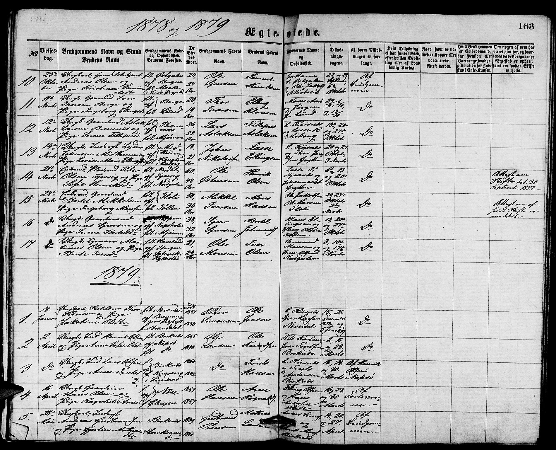 Gulen sokneprestembete, AV/SAB-A-80201/H/Hab/Habb/L0002: Parish register (copy) no. B 2, 1867-1883, p. 163