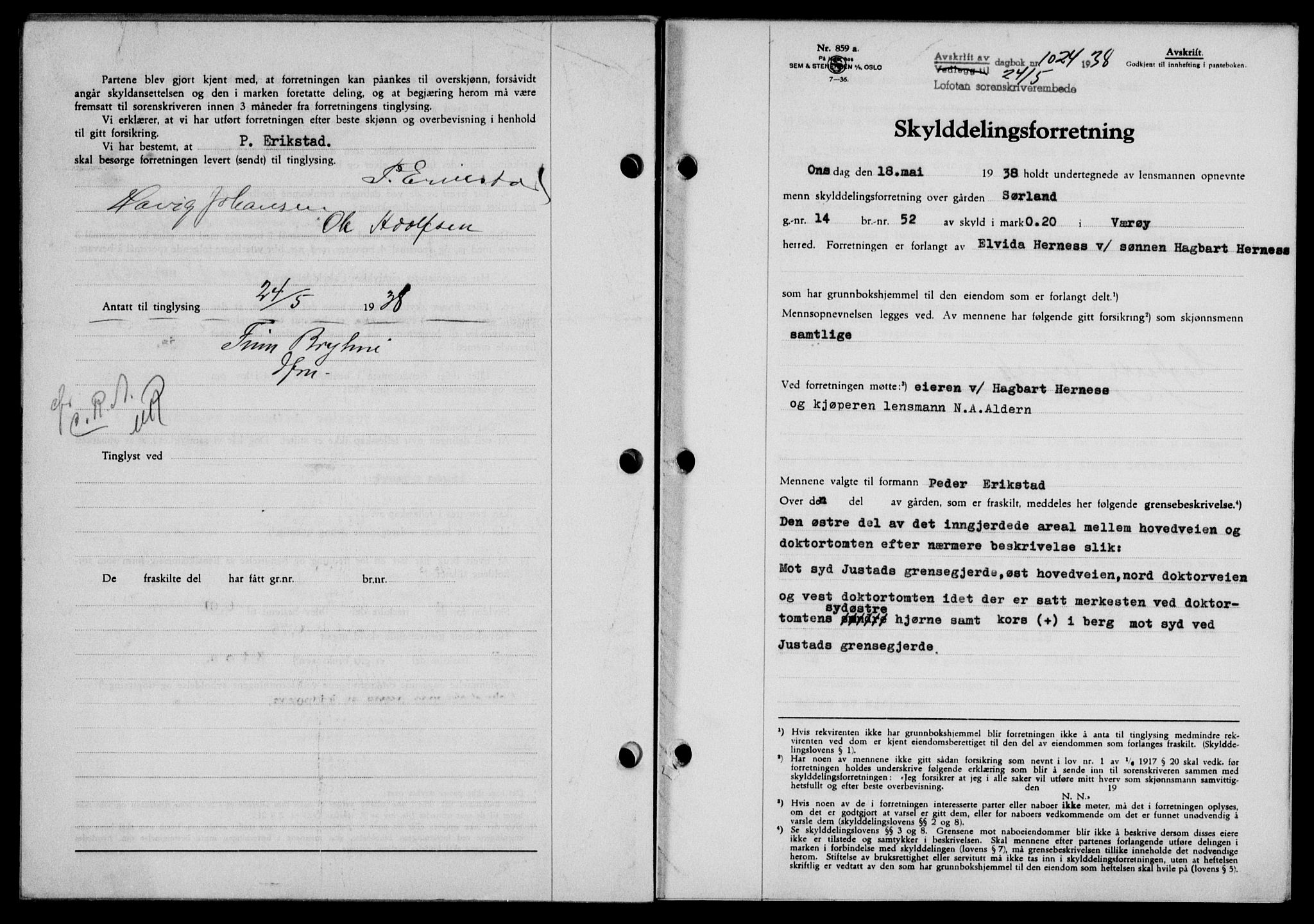 Lofoten sorenskriveri, SAT/A-0017/1/2/2C/L0004a: Mortgage book no. 4a, 1938-1938, Diary no: : 1024/1938