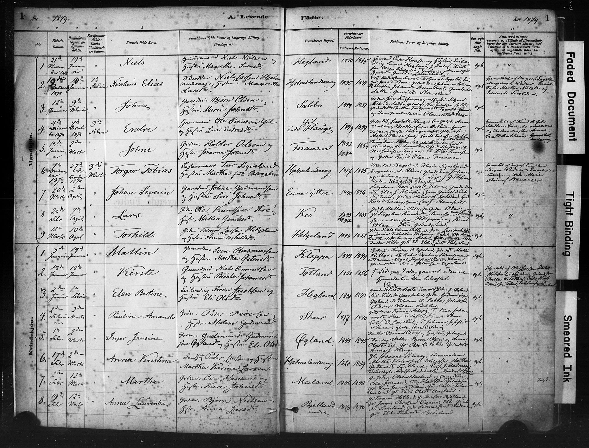 Hjelmeland sokneprestkontor, SAST/A-101843/01/IV/L0014: Parish register (official) no. A 14, 1879-1900, p. 1