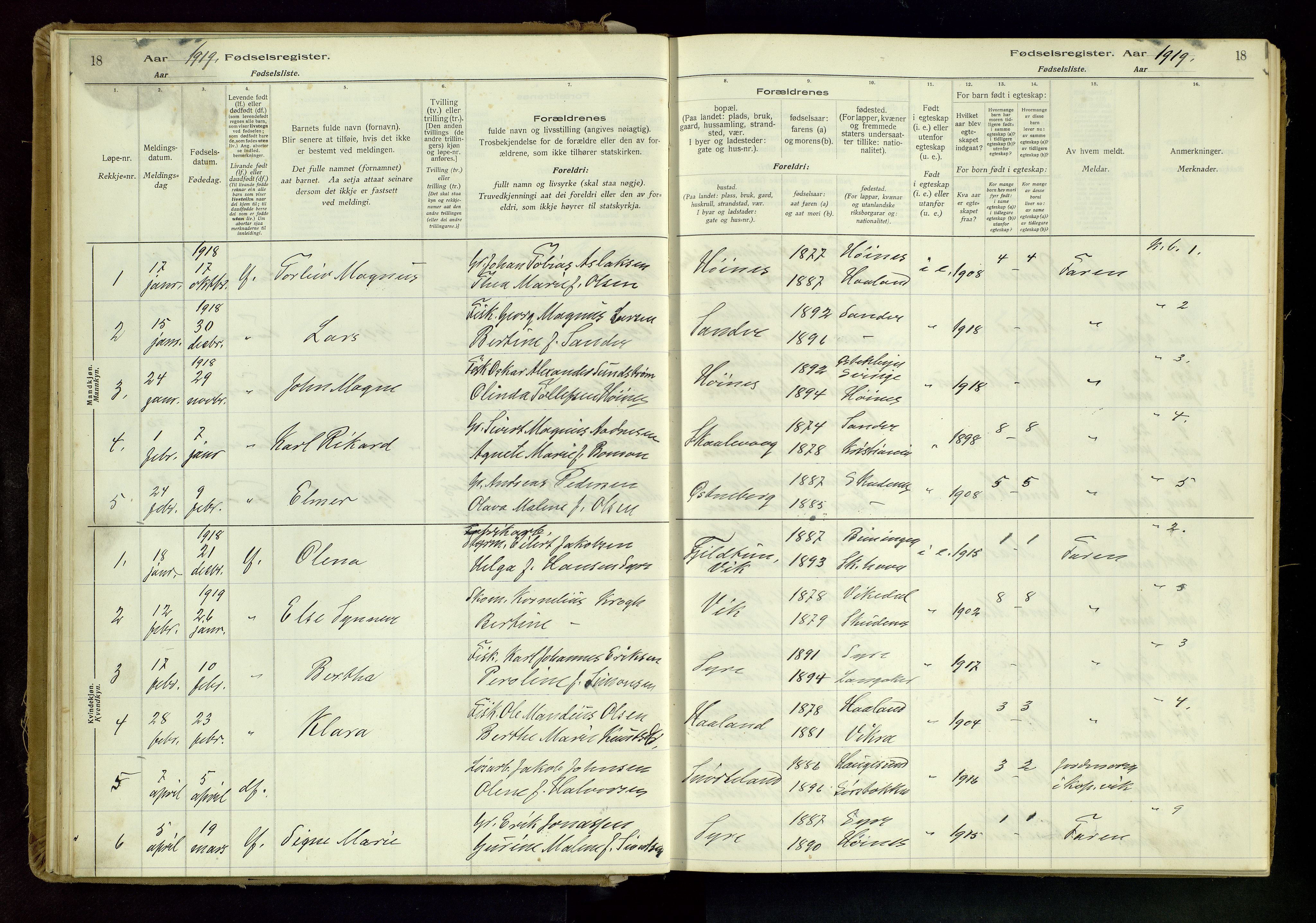 Skudenes sokneprestkontor, SAST/A -101849/I/Id/L0001: Birth register no. 1, 1916-1964, p. 18