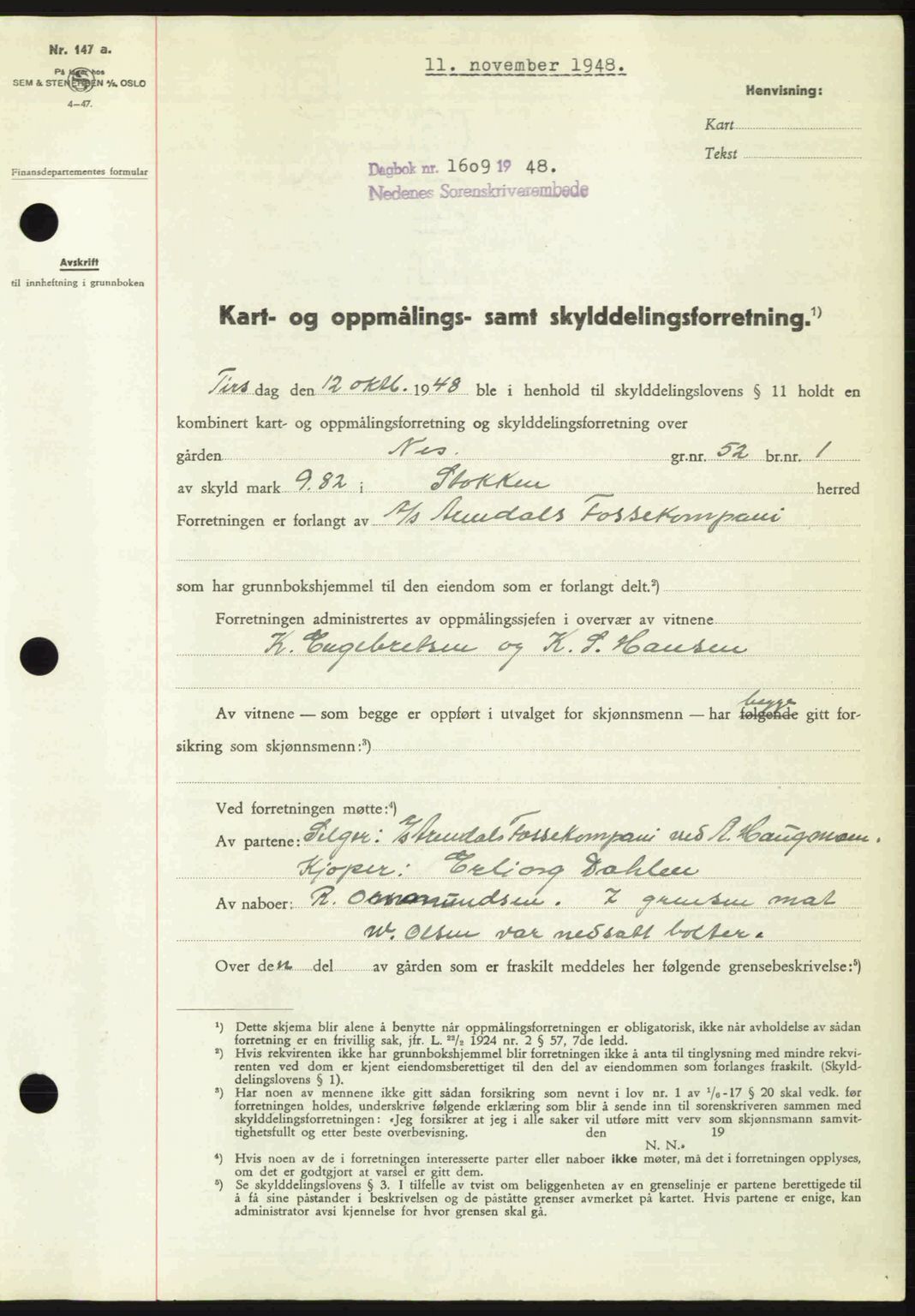 Nedenes sorenskriveri, SAK/1221-0006/G/Gb/Gba/L0059: Mortgage book no. A11, 1948-1948, Diary no: : 1609/1948