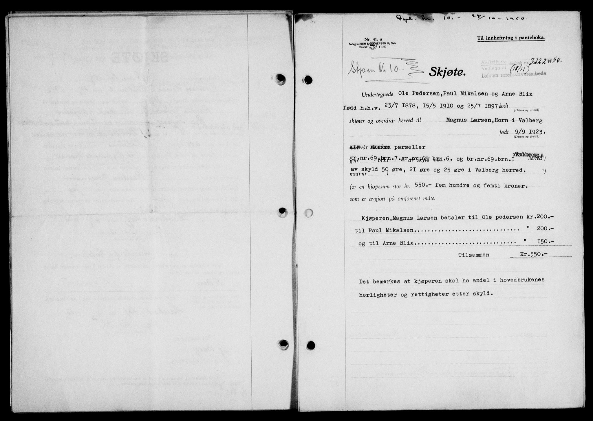 Lofoten sorenskriveri, SAT/A-0017/1/2/2C/L0025a: Mortgage book no. 25a, 1950-1951, Diary no: : 3222/1950