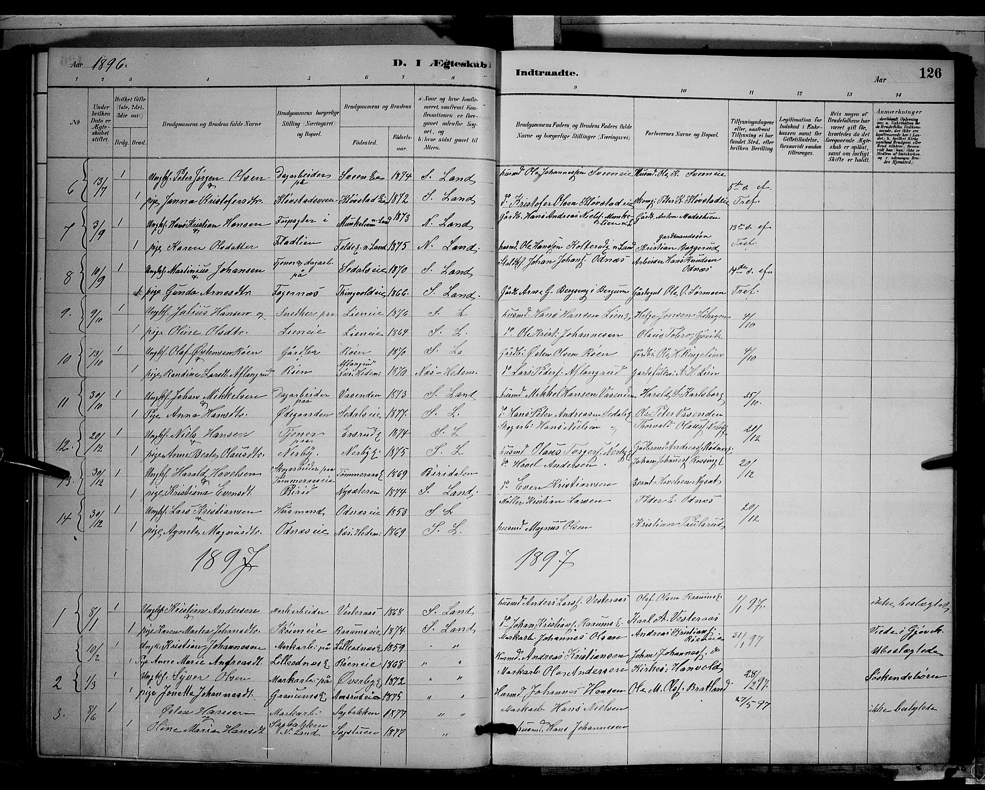 Søndre Land prestekontor, AV/SAH-PREST-122/L/L0003: Parish register (copy) no. 3, 1884-1902, p. 126