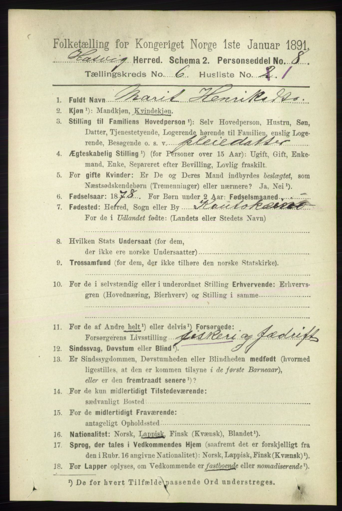 RA, 1891 census for 2015 Hasvik, 1891, p. 873