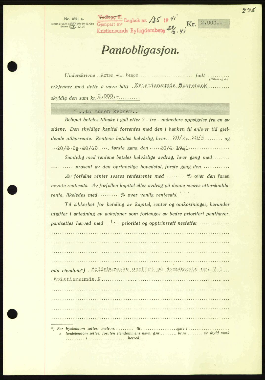 Kristiansund byfogd, AV/SAT-A-4587/A/27: Mortgage book no. 33, 1939-1941, Diary no: : 135/1941