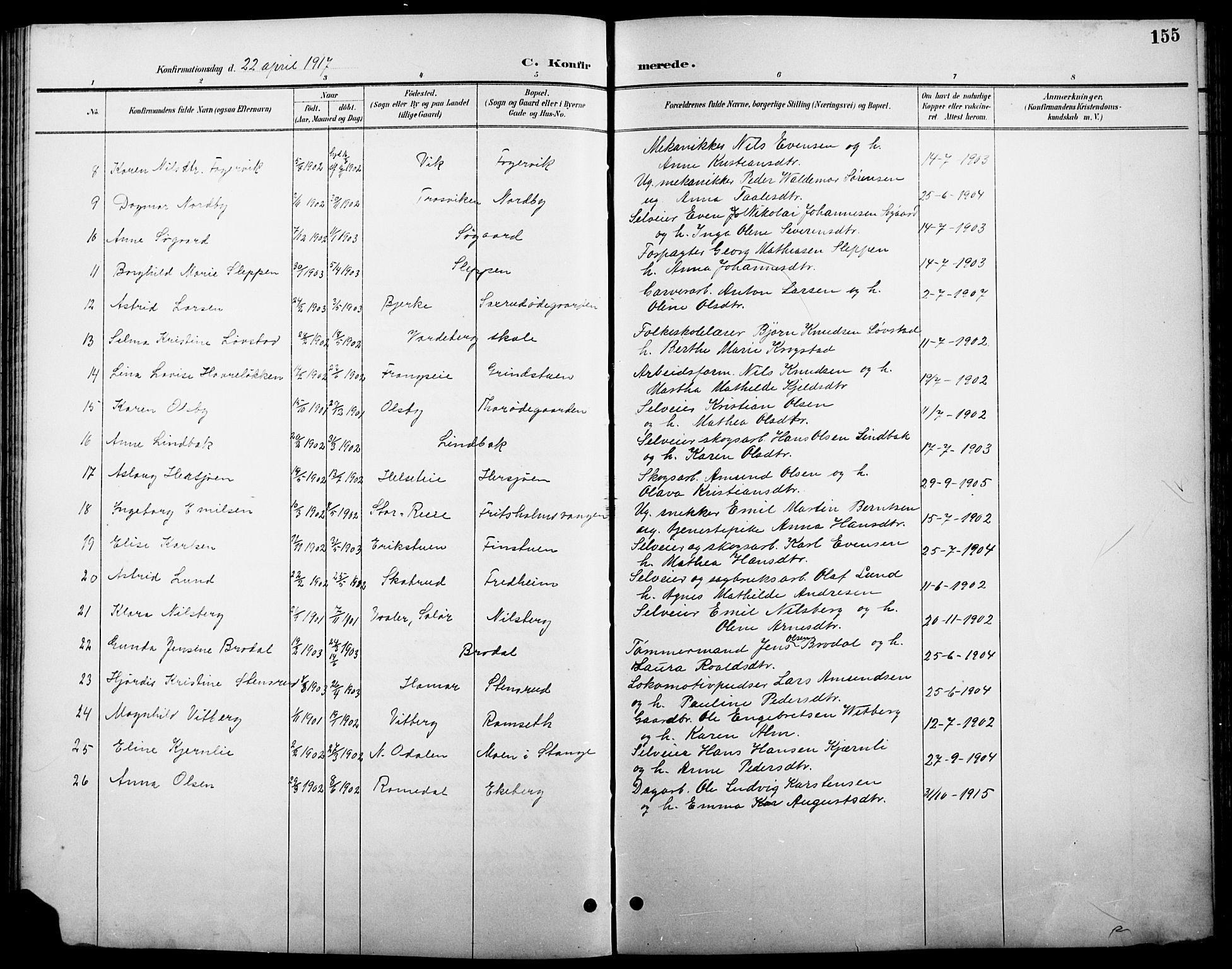 Stange prestekontor, AV/SAH-PREST-002/L/L0011: Parish register (copy) no. 11, 1895-1917, p. 155