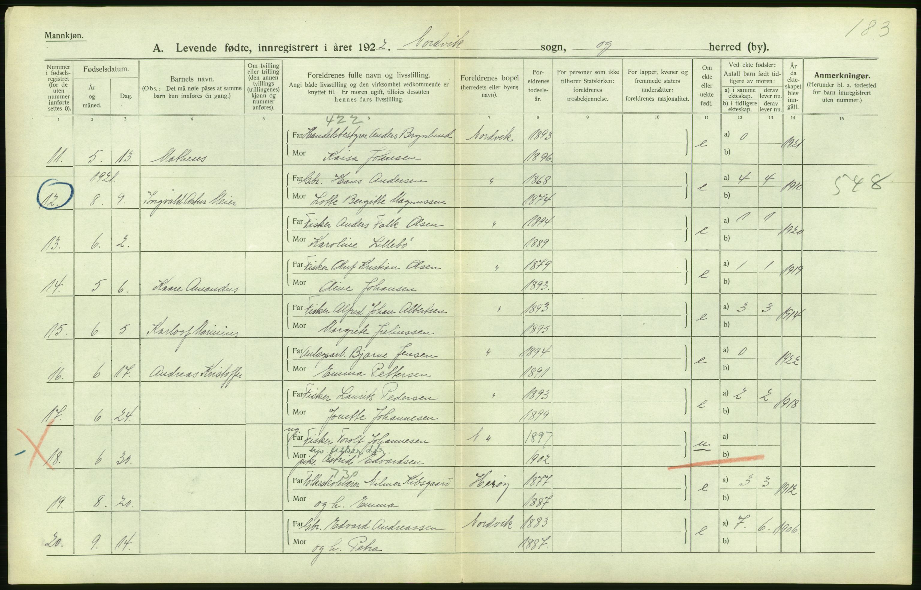 Statistisk sentralbyrå, Sosiodemografiske emner, Befolkning, AV/RA-S-2228/D/Df/Dfc/Dfcb/L0044: Nordland fylke: Levendefødte menn og kvinner. Bygder og byer., 1922, p. 198