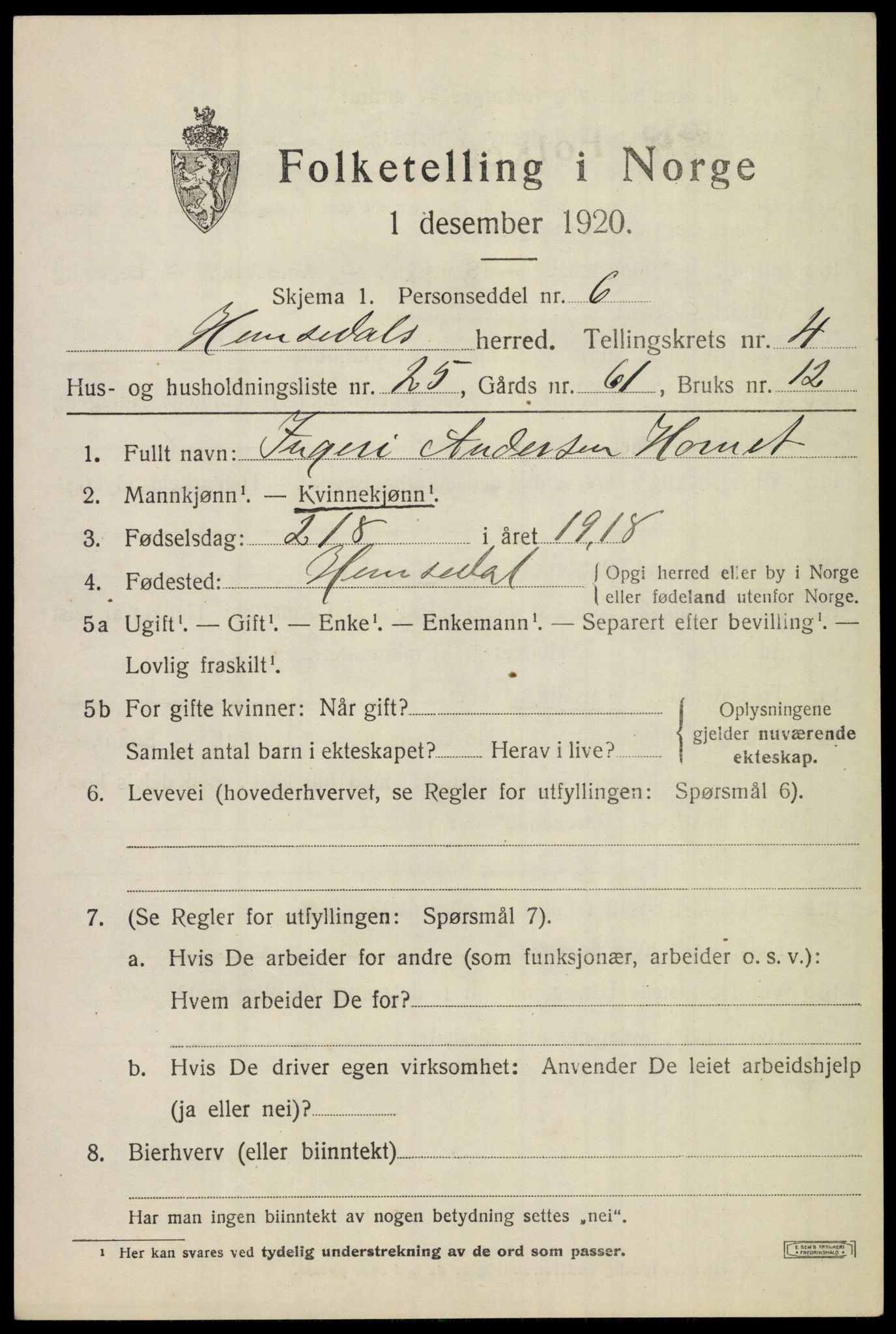 SAKO, 1920 census for Hemsedal, 1920, p. 1738