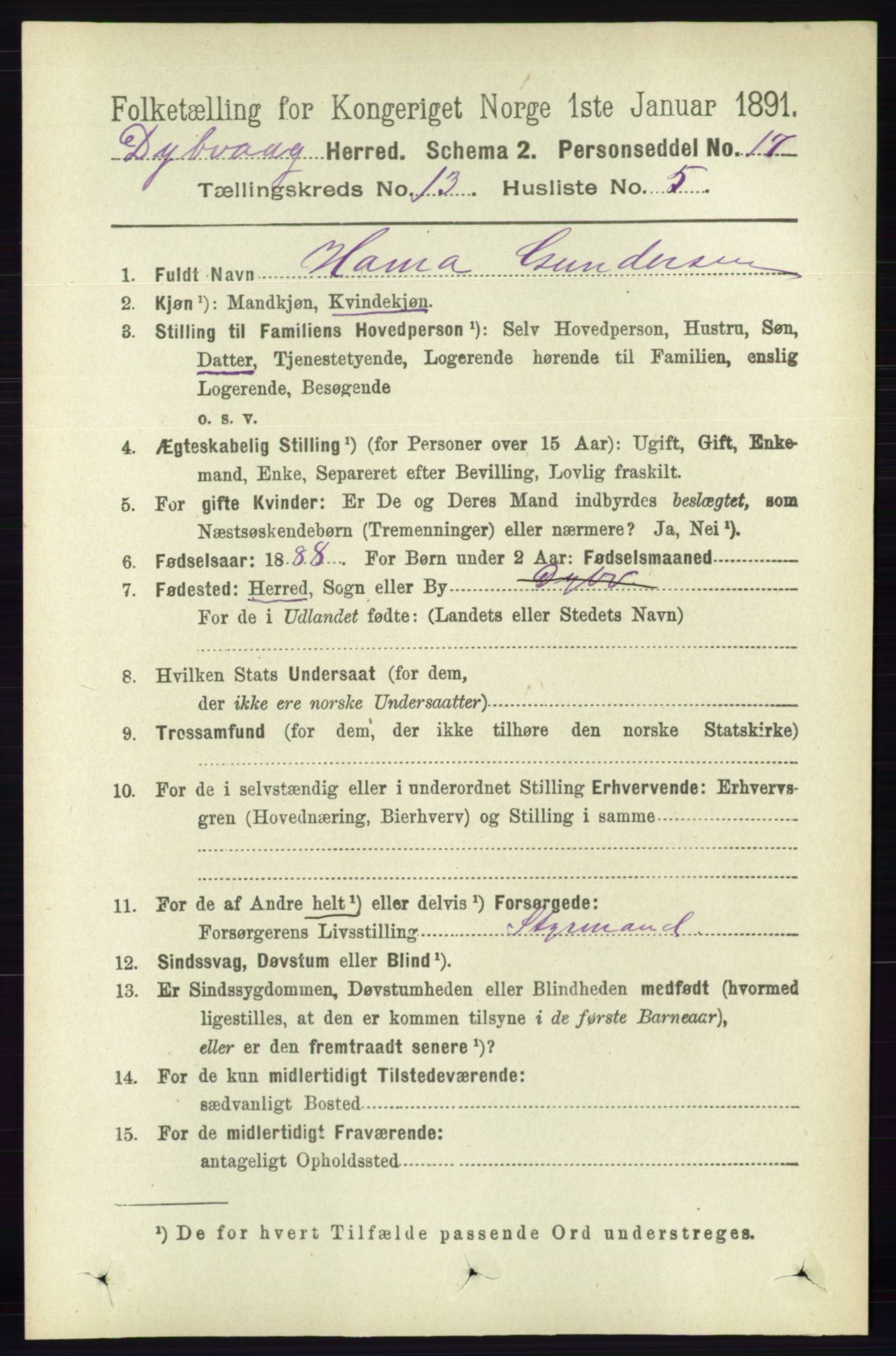 RA, 1891 census for 0915 Dypvåg, 1891, p. 5334