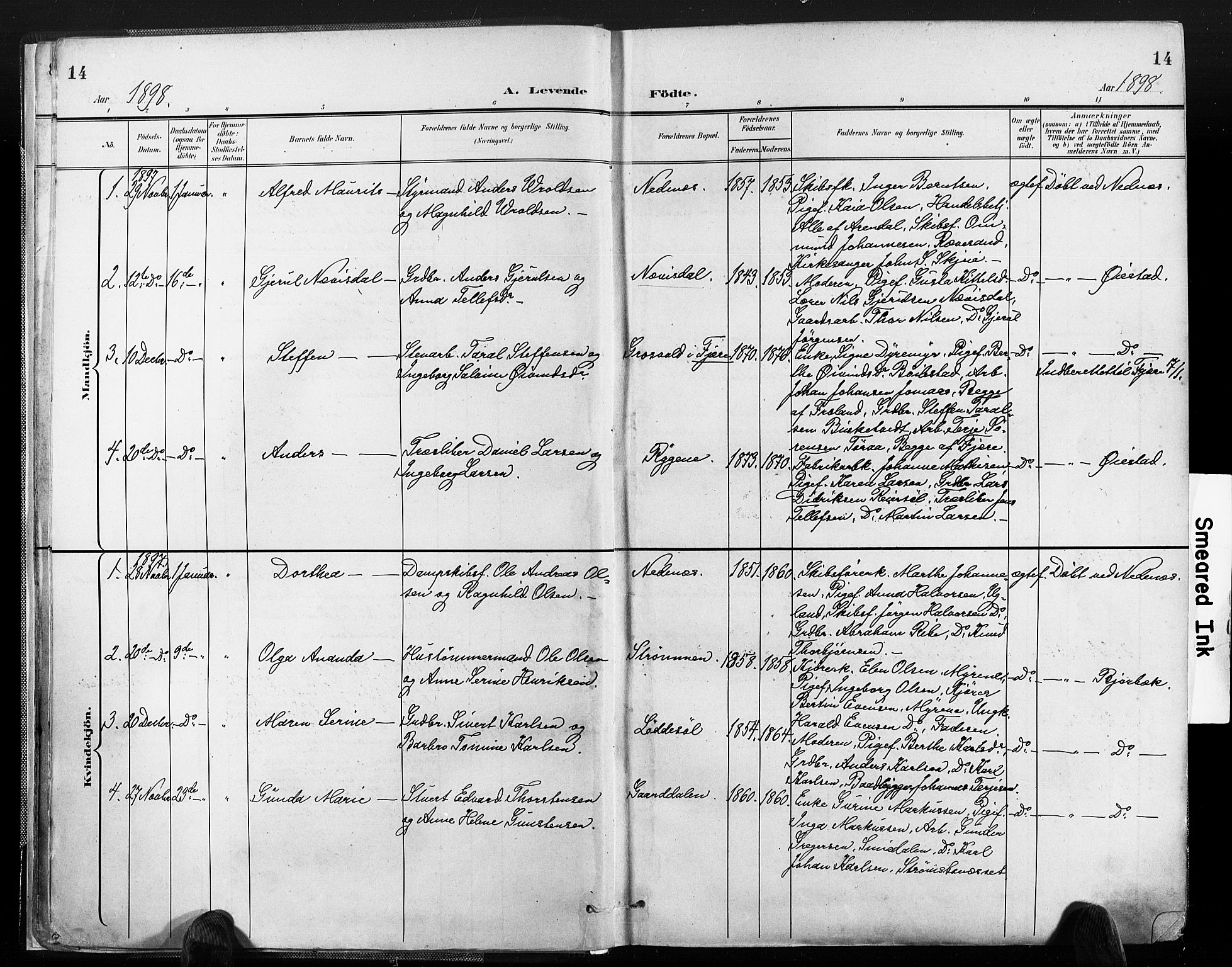 Øyestad sokneprestkontor, AV/SAK-1111-0049/F/Fa/L0018: Parish register (official) no. A 18, 1897-1907, p. 14