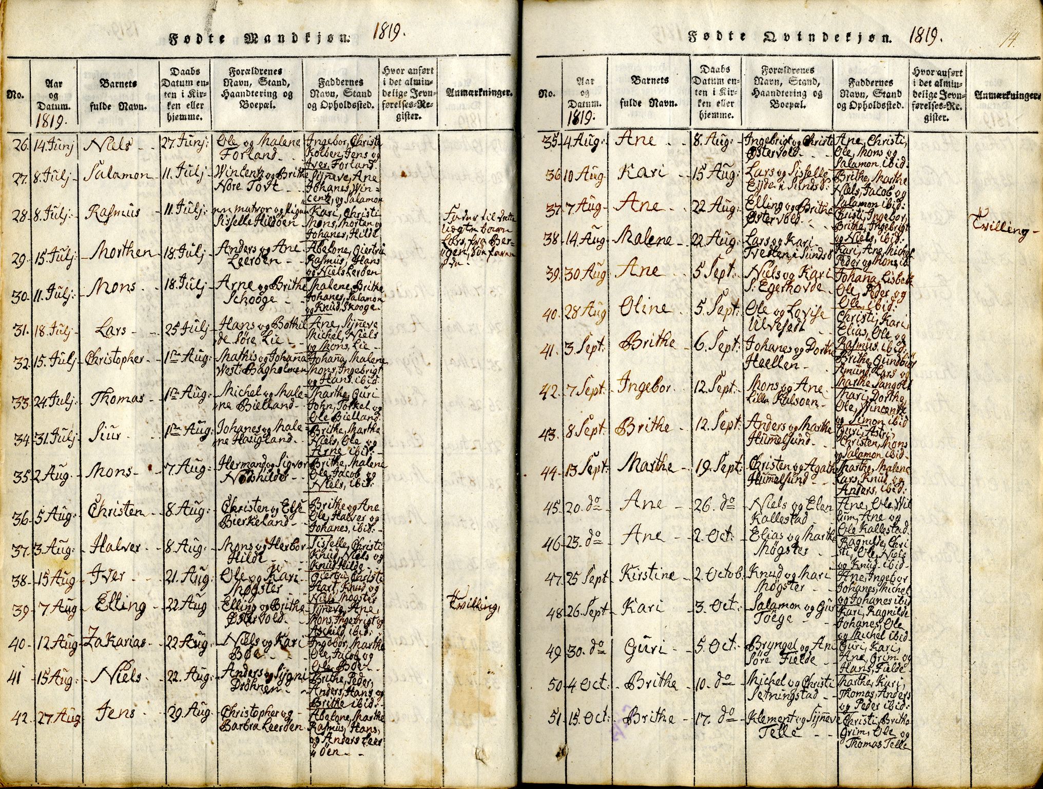 Sund sokneprestembete, SAB/A-99930: Parish register (official) no. A 11, 1814-1825, p. 14