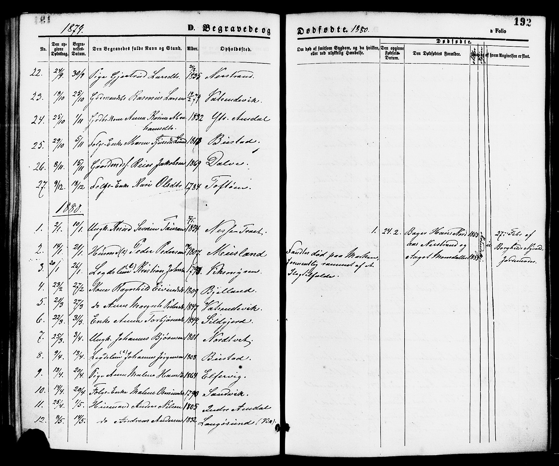 Nedstrand sokneprestkontor, SAST/A-101841/01/IV: Parish register (official) no. A 11, 1877-1887, p. 192