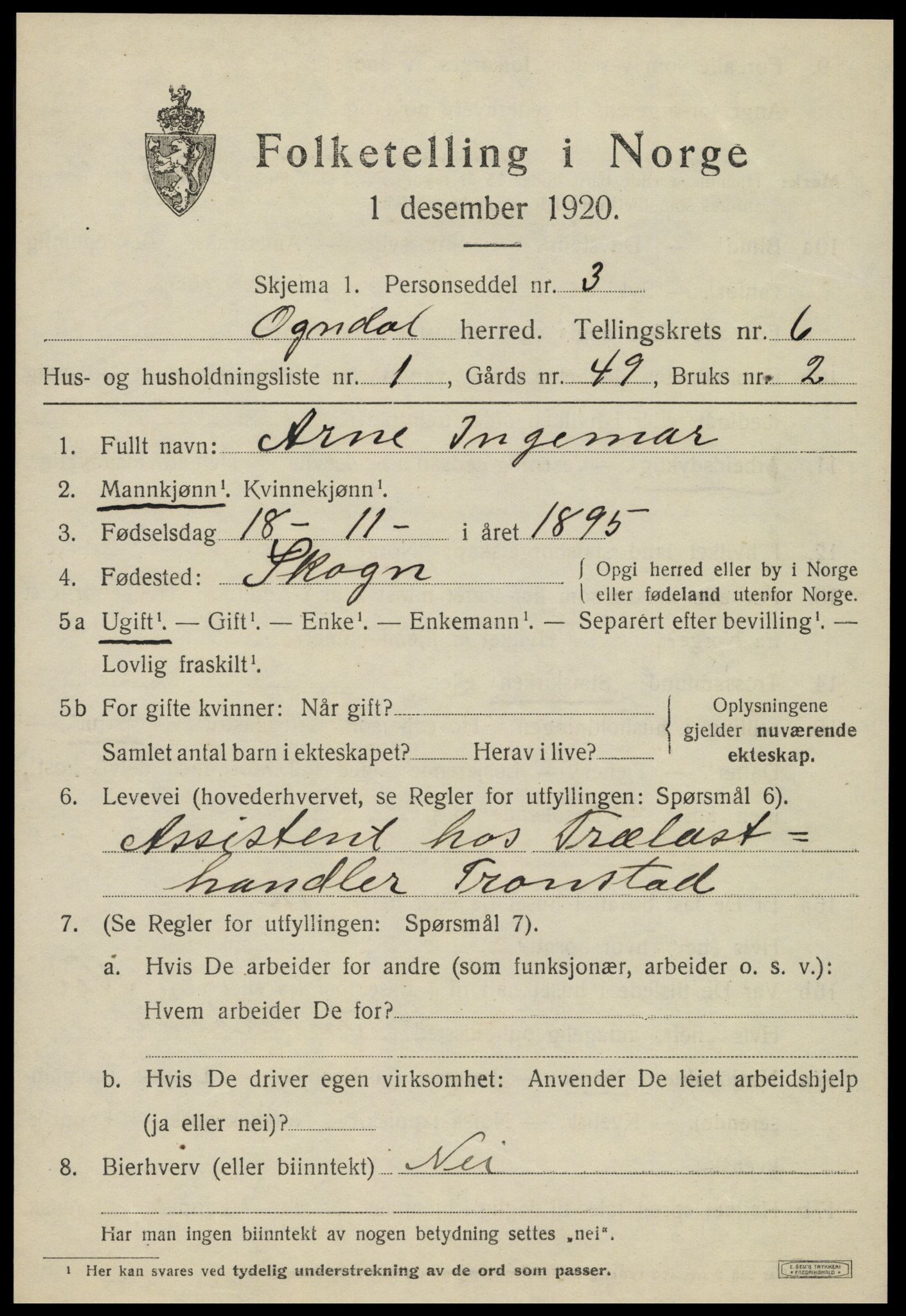 SAT, 1920 census for Ogndal, 1920, p. 2287