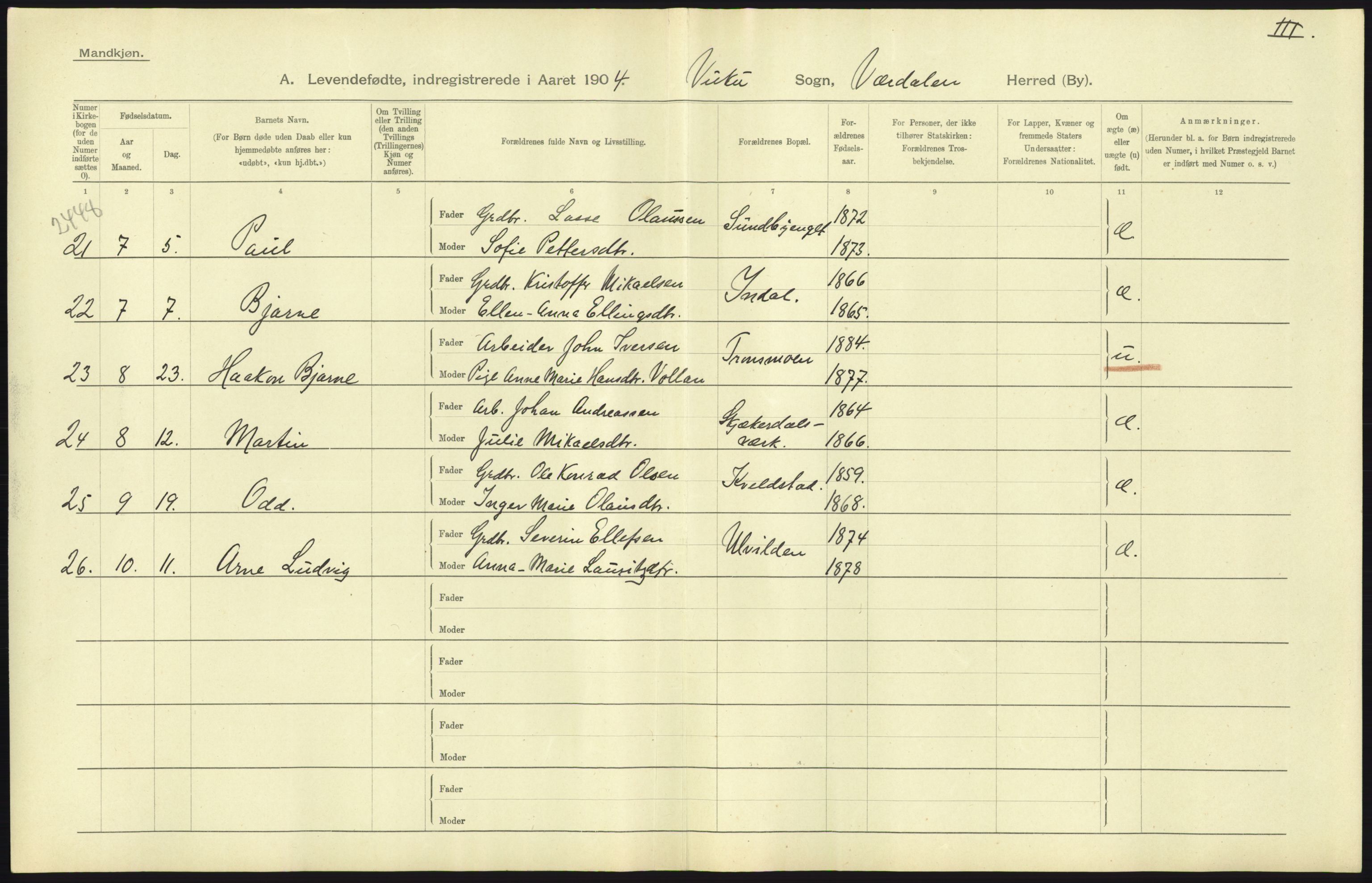 Statistisk sentralbyrå, Sosiodemografiske emner, Befolkning, AV/RA-S-2228/D/Df/Dfa/Dfab/L0019: Nordre Trondhjems amt: Fødte, gifte, døde, 1904, p. 135