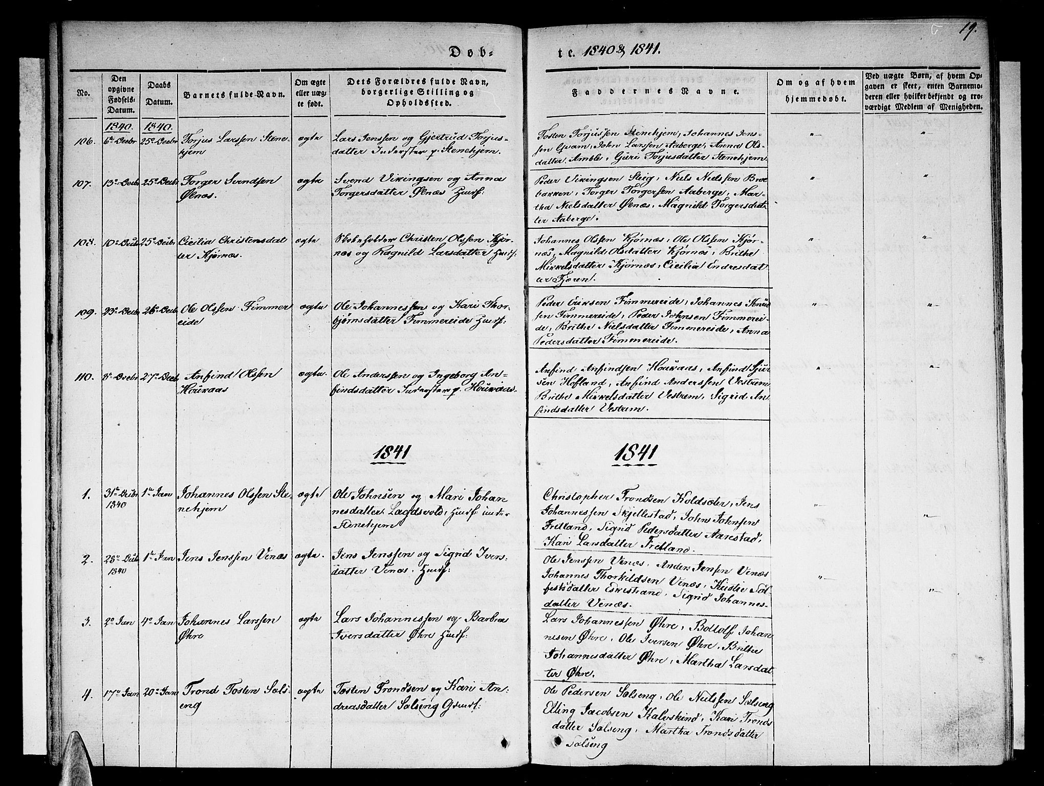 Sogndal sokneprestembete, AV/SAB-A-81301/H/Haa/Haaa/L0011: Parish register (official) no. A 11, 1839-1847, p. 19
