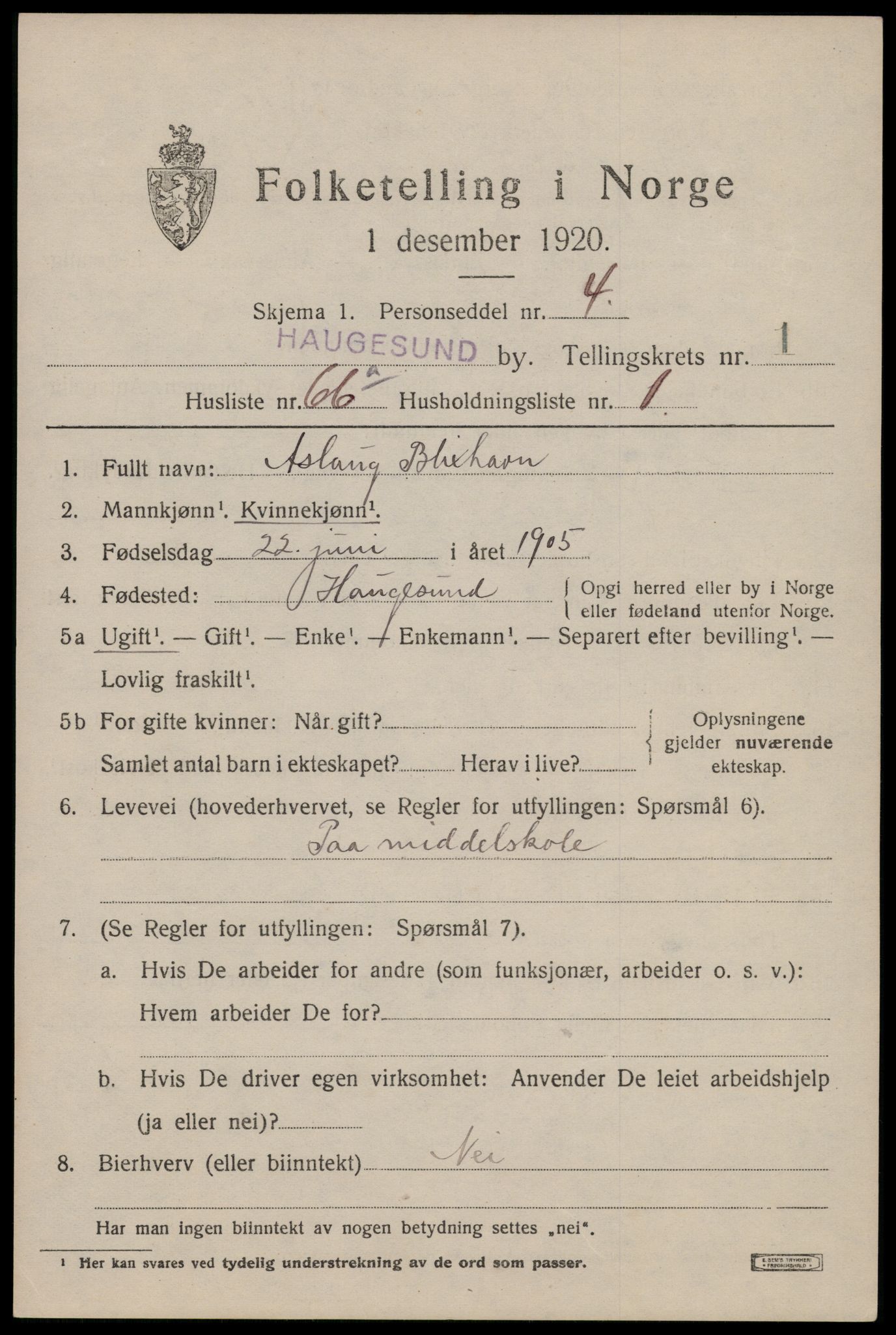 SAST, 1920 census for Haugesund, 1920, p. 12525