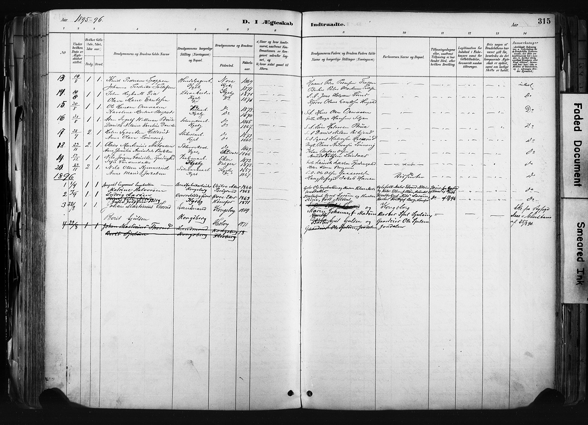 Kongsberg kirkebøker, AV/SAKO-A-22/F/Fb/L0002: Parish register (official) no. II 2, 1886-1896, p. 315