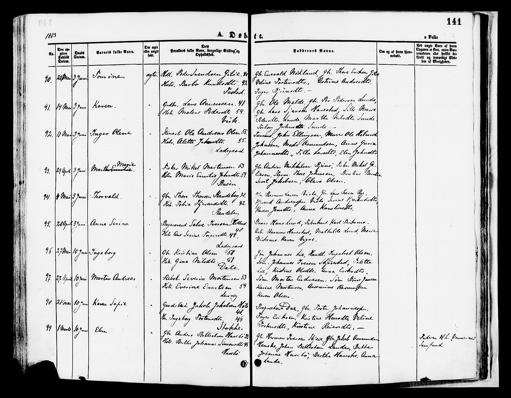 Hetland sokneprestkontor, AV/SAST-A-101826/30/30BA/L0008: Parish register (official) no. A 8, 1877-1884, p. 141