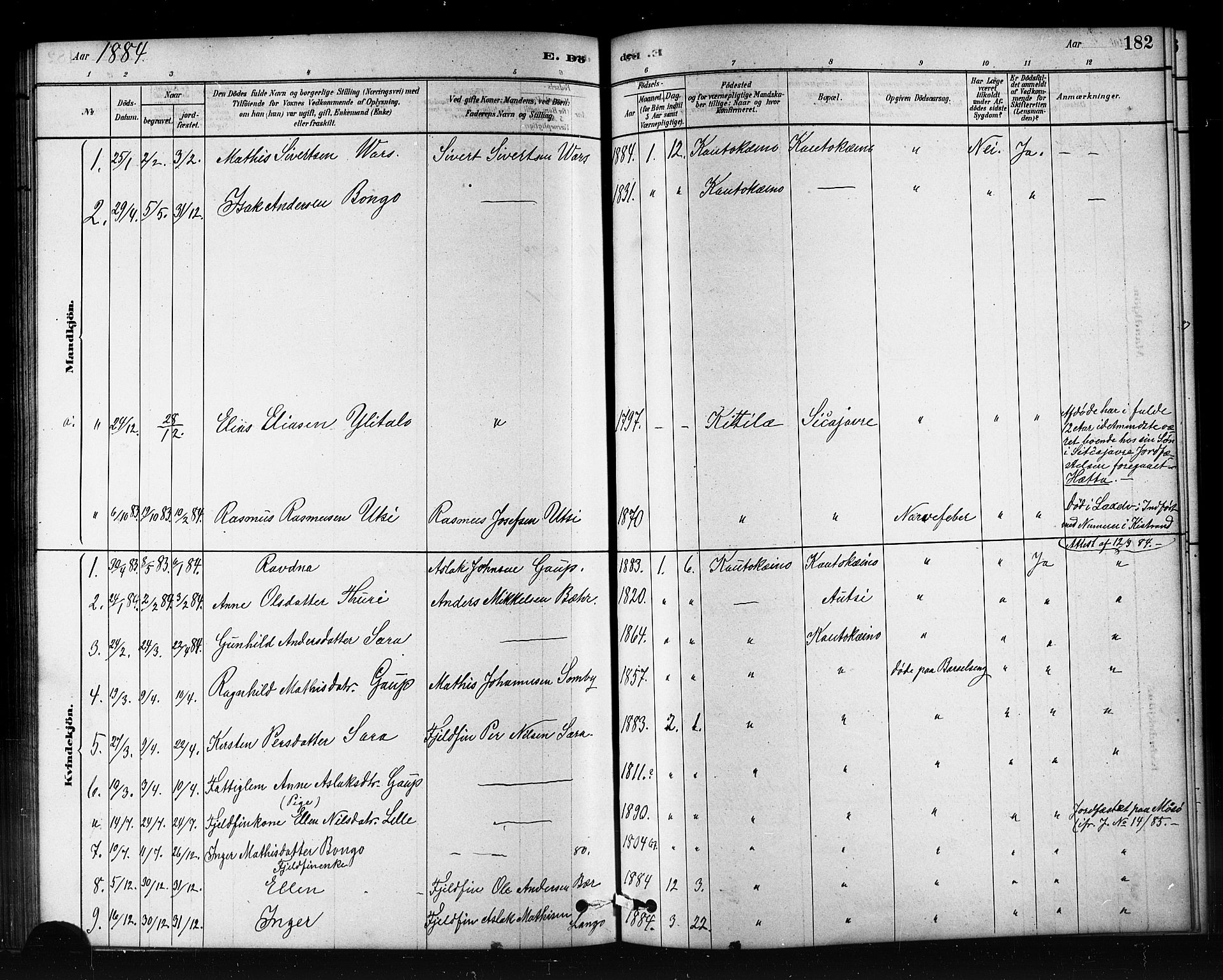 Kautokeino sokneprestembete, SATØ/S-1340/H/Hb/L0002.klokk: Parish register (copy) no. 2, 1877-1896, p. 182