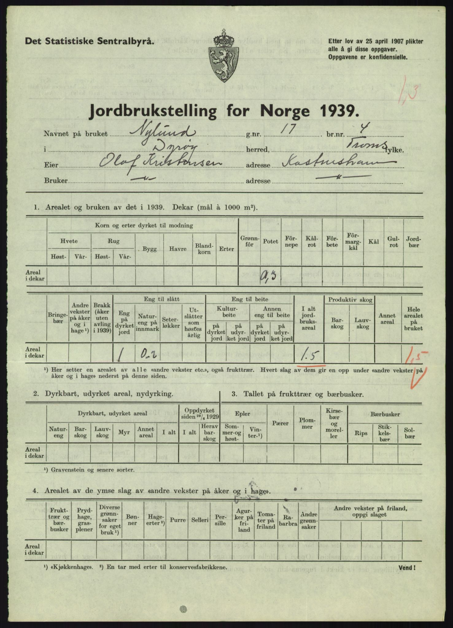 Statistisk sentralbyrå, Næringsøkonomiske emner, Jordbruk, skogbruk, jakt, fiske og fangst, AV/RA-S-2234/G/Gb/L0340: Troms: Salangen og Dyrøy, 1939, p. 836