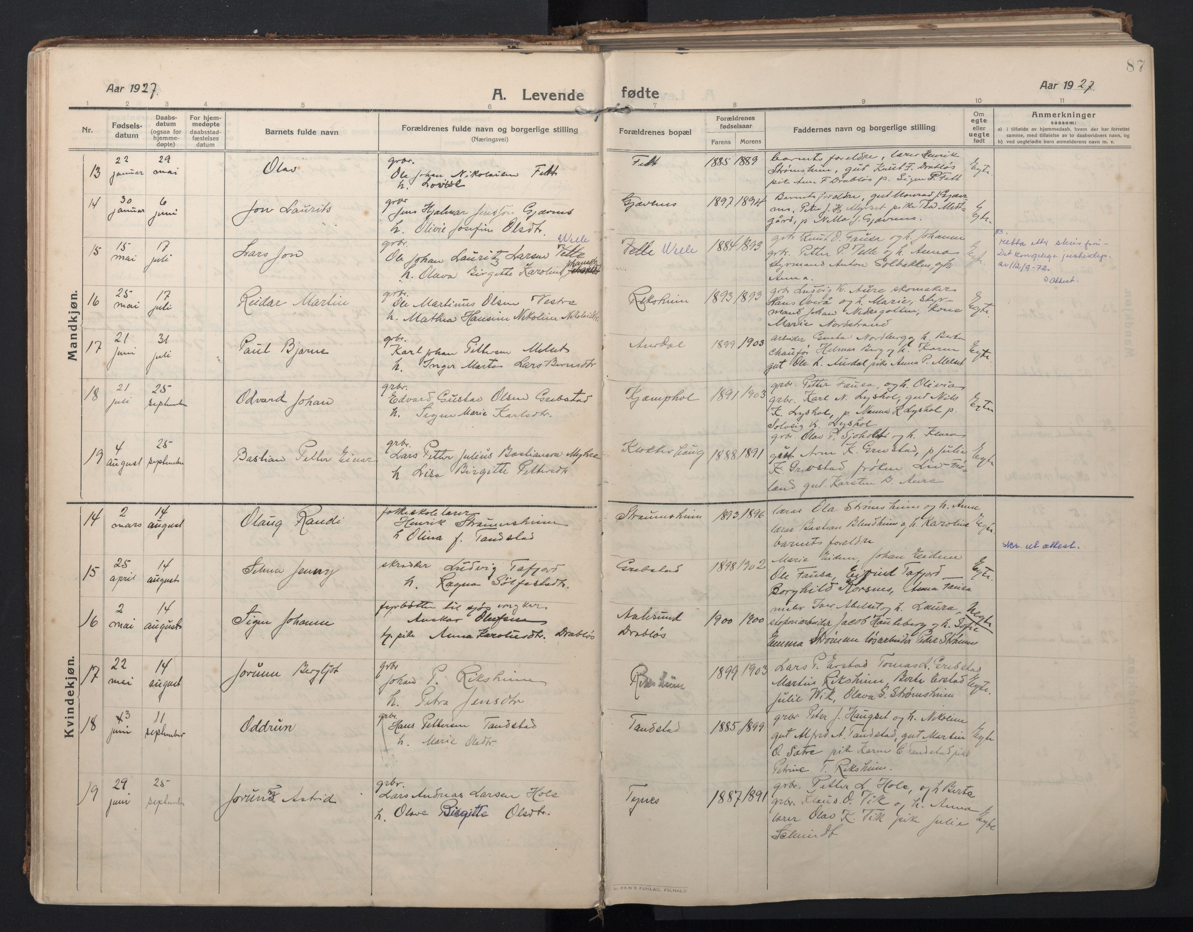 Ministerialprotokoller, klokkerbøker og fødselsregistre - Møre og Romsdal, AV/SAT-A-1454/523/L0337: Parish register (official) no. 523A04, 1911-1929, p. 87