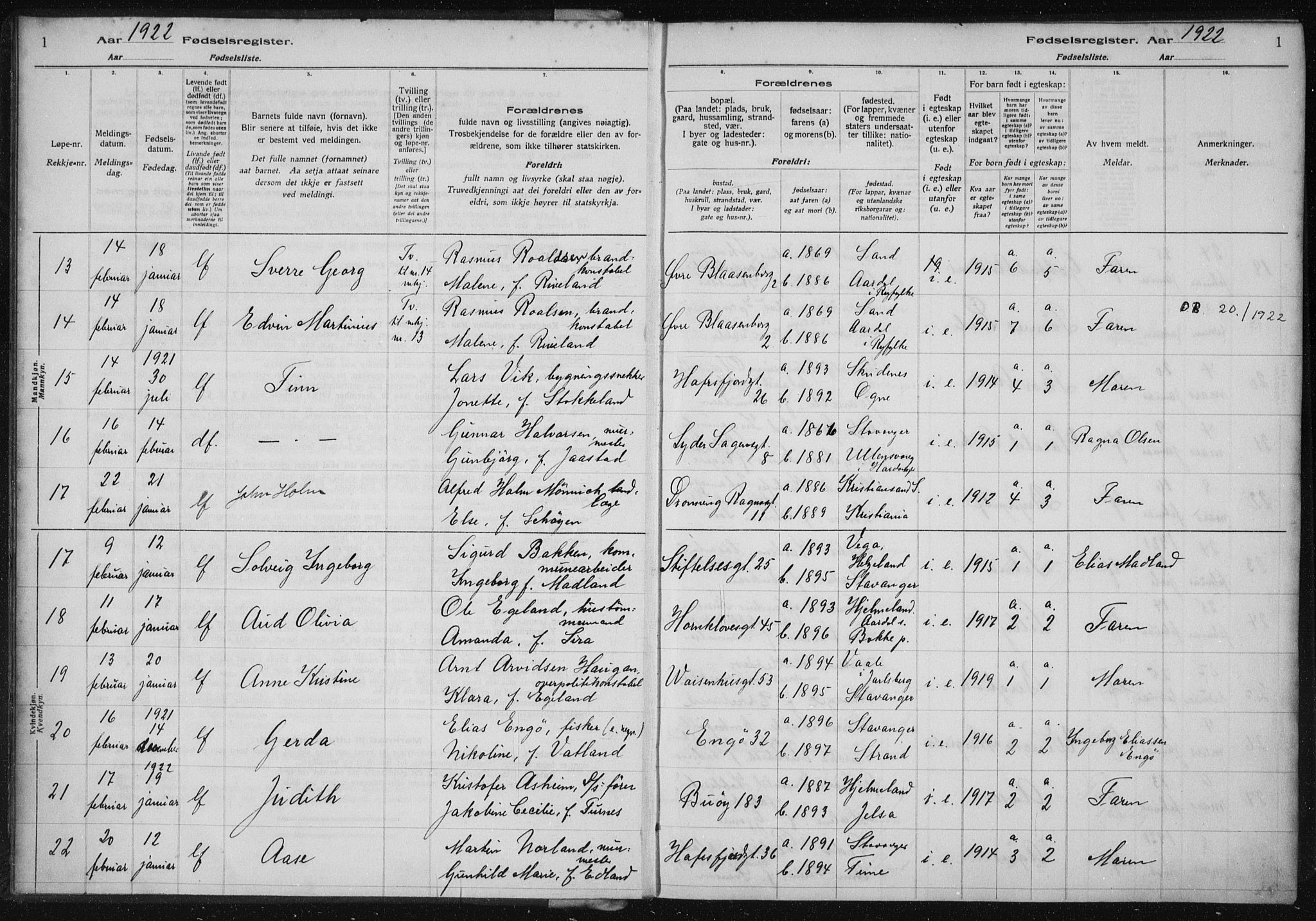 St. Petri sokneprestkontor, AV/SAST-A-101813/002/A/L0002: Birth register no. 2, 1922-1929, p. 1