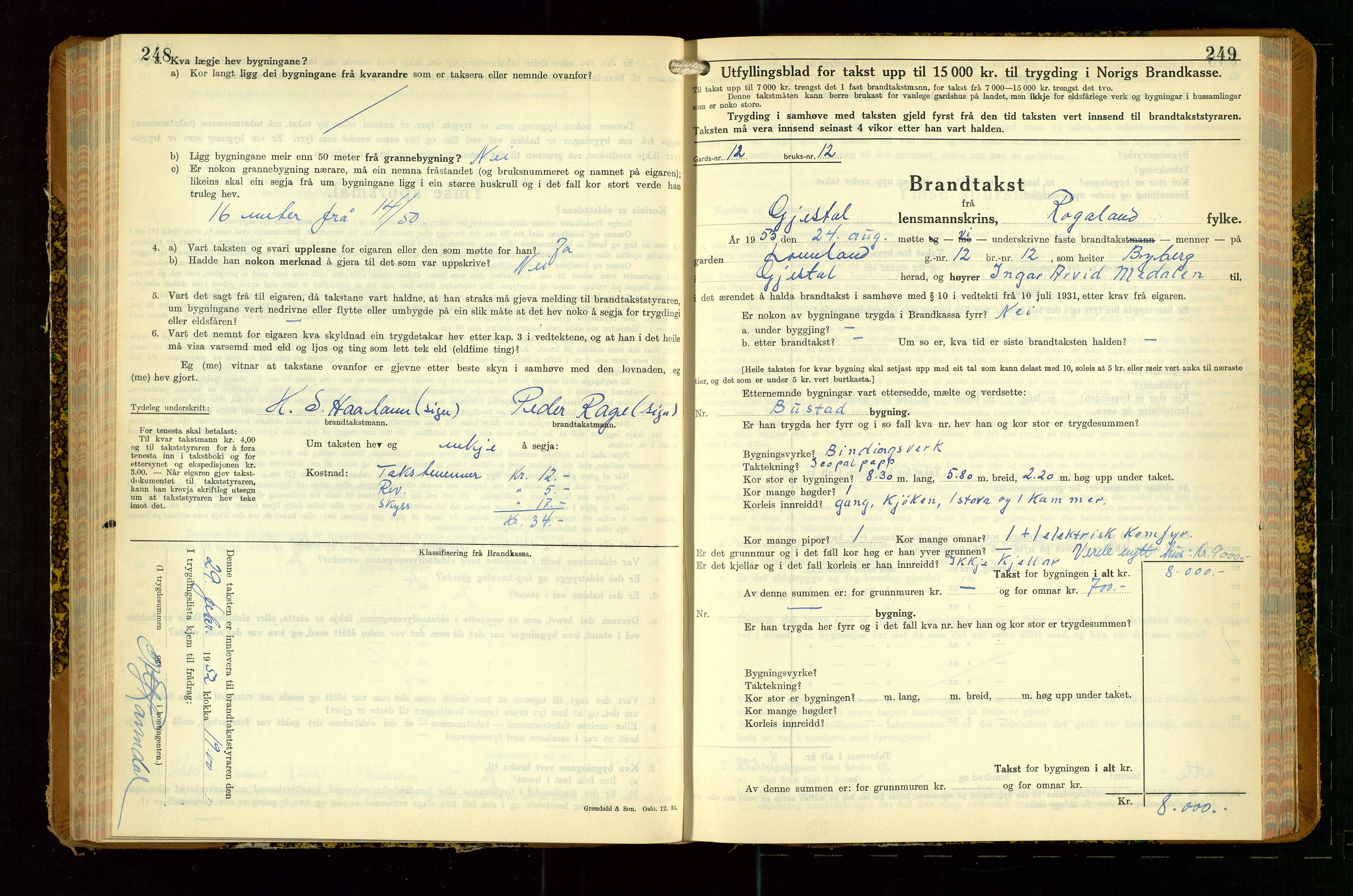 Gjesdal lensmannskontor, SAST/A-100441/Go/L0008: Branntakstskjemaprotokoll, 1937-1955, p. 248-249