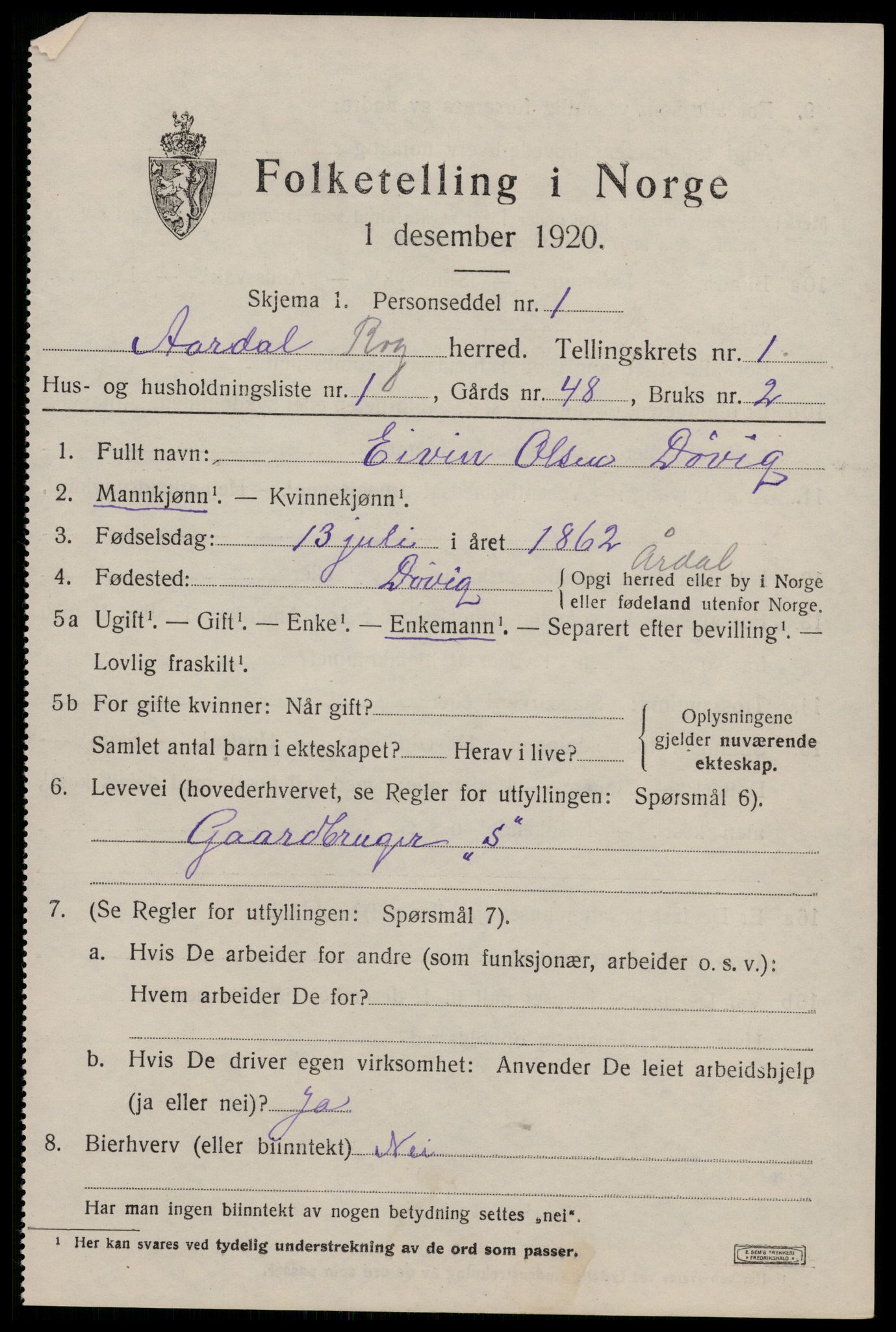 SAST, 1920 census for Årdal, 1920, p. 358