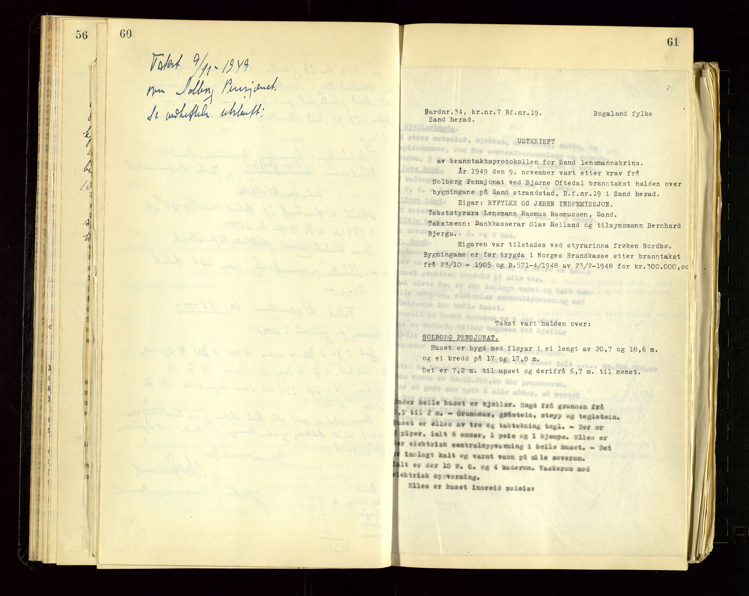 Sand lensmannskontor, AV/SAST-A-100415/Gob/L0004: Branntakstprotokoll, 1937-1955, p. 60-61