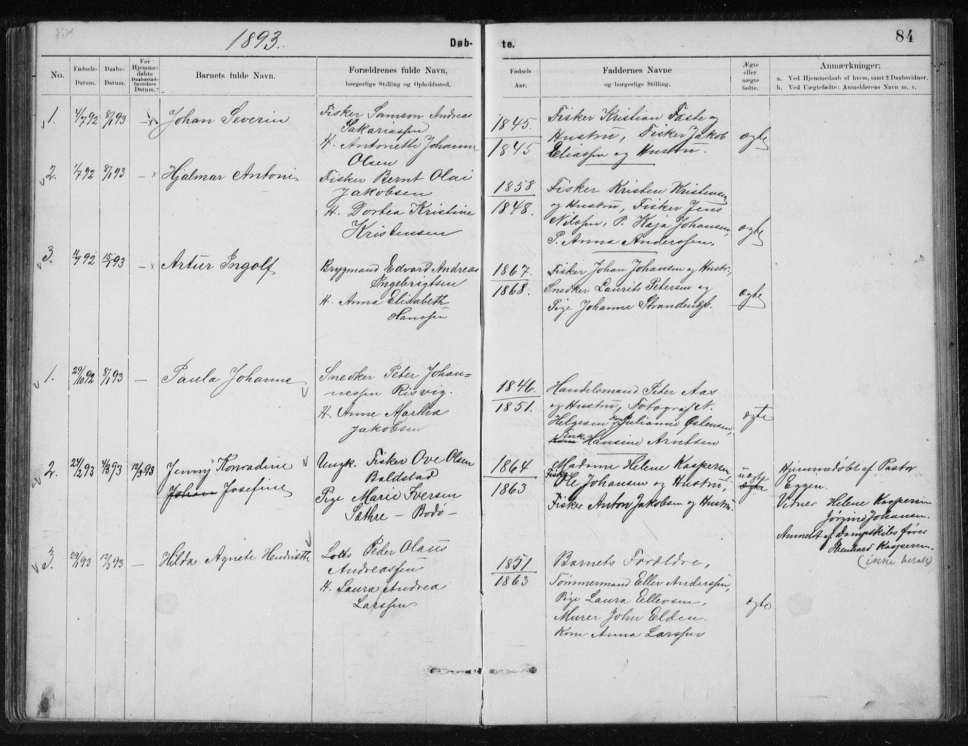 Ministerialprotokoller, klokkerbøker og fødselsregistre - Nordland, SAT/A-1459/801/L0032: Parish register (copy) no. 801C07, 1889-1897, p. 84