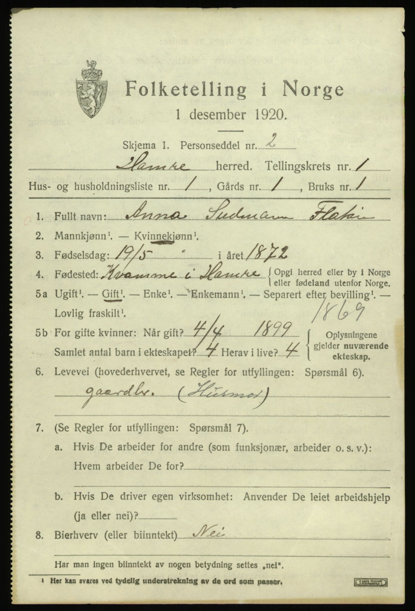 SAB, 1920 census for Hamre, 1920, p. 989