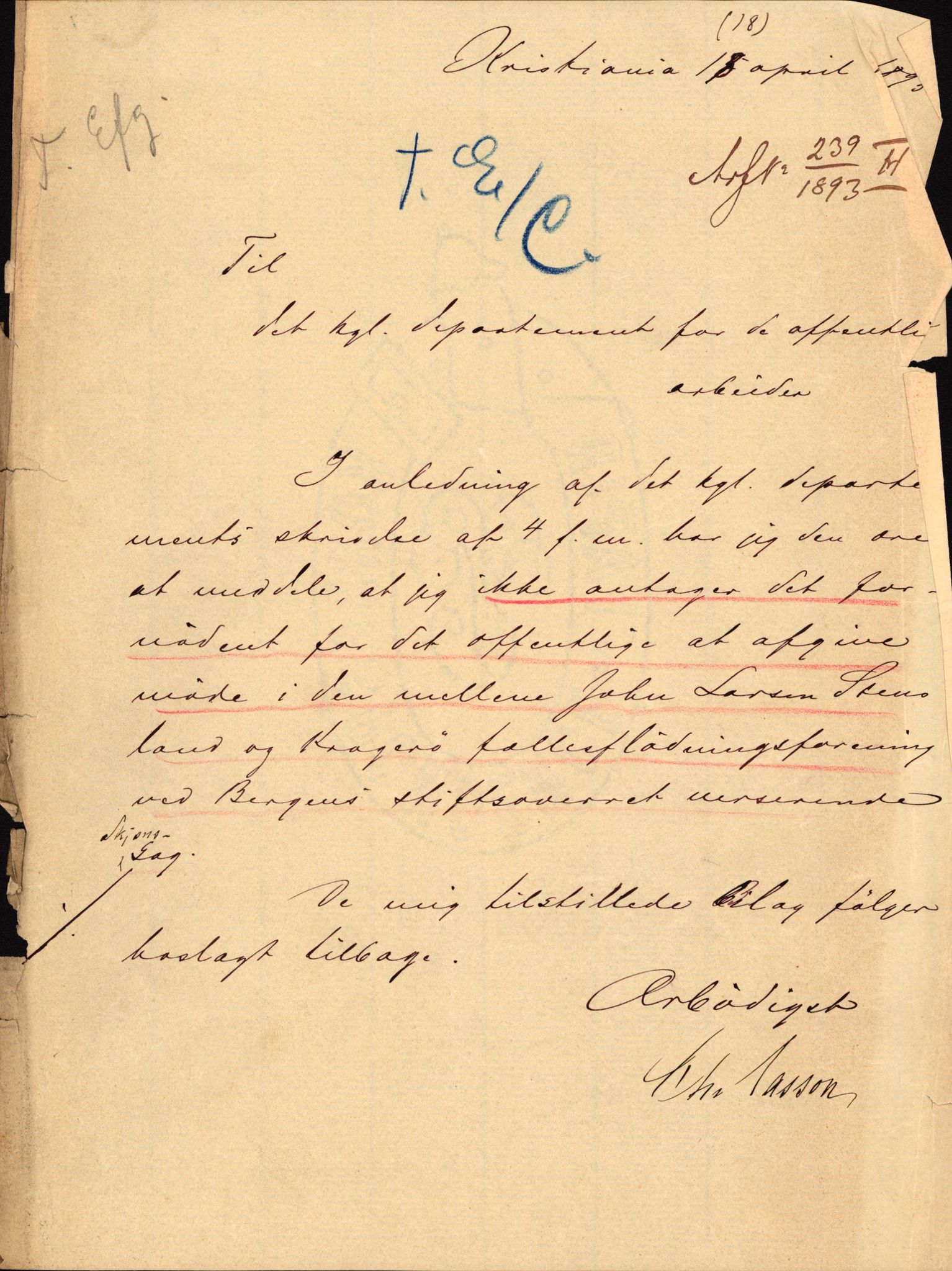 Industridepartementet, Avdelingen for vassdrags- og elektrisitetsvesen, AV/RA-S-1428/E/Ef/L0003/0002: Saker etter vassdragsloven av 1887, § 13 / - 2. Rettsak mellom Johan Larsen, Stensland og Kragerø Fellesfløtningsforening vedr. Haugsdammens op, 1887-1893